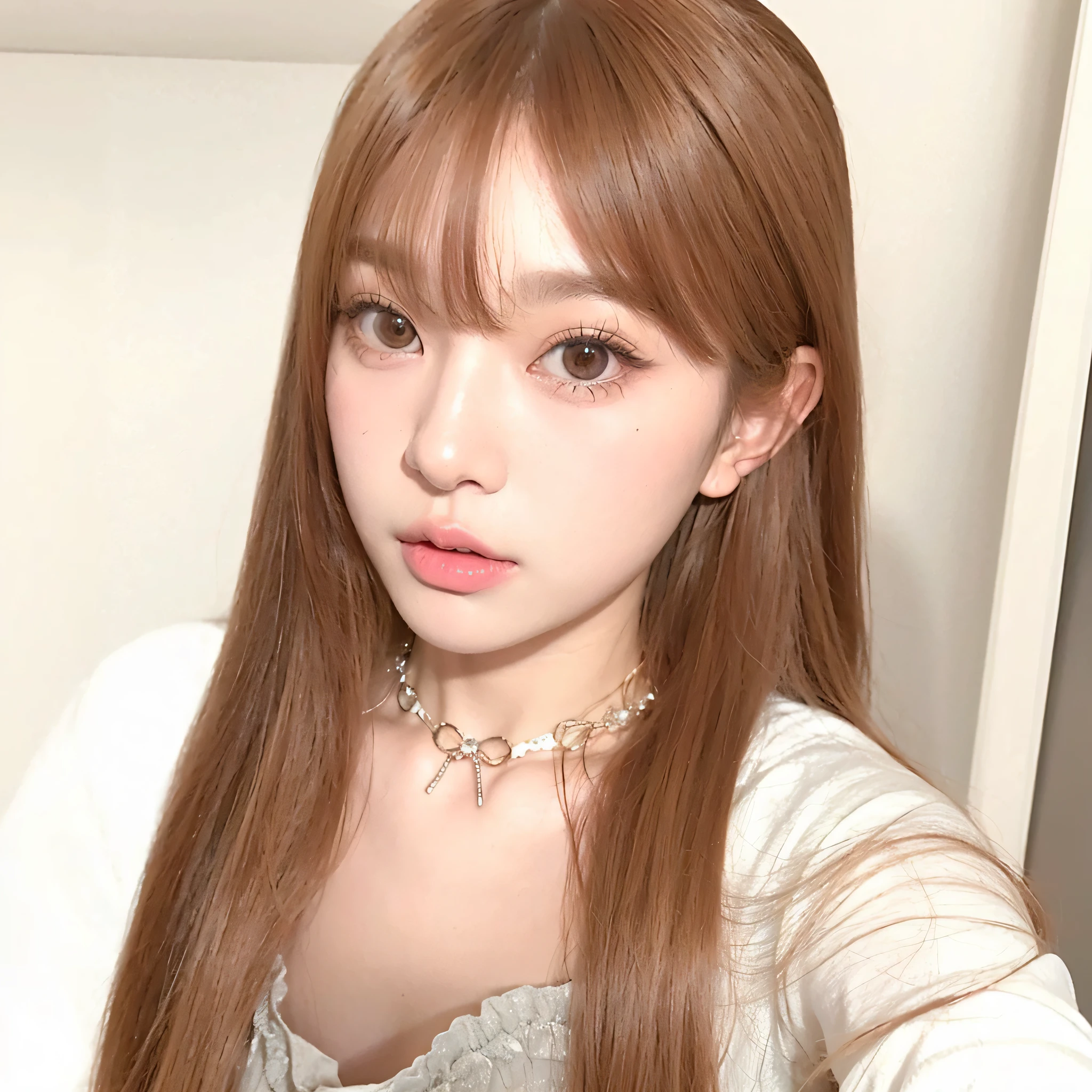 Have long hair、Woman wearing a necklace, Urzans, hime-cut, kawaii realistic portrait, Long brown bangs, Samu rice paste, brown bangs, Black Pink Josie&#39;portrait of, long hair with bangs, lalisa manobal, Qi bangs long hair, long straight bangs, brown bangs hair