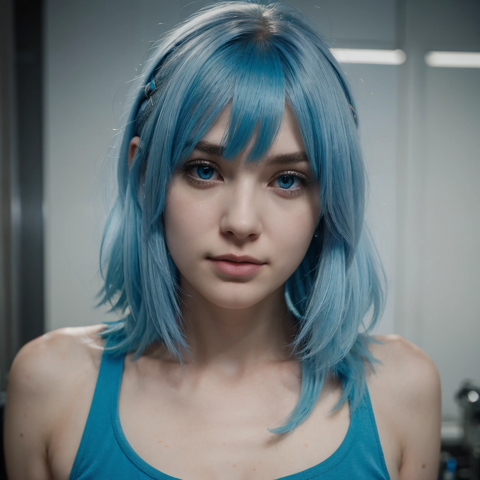 Scientist with pale skin and fluffy blue hair. Female.