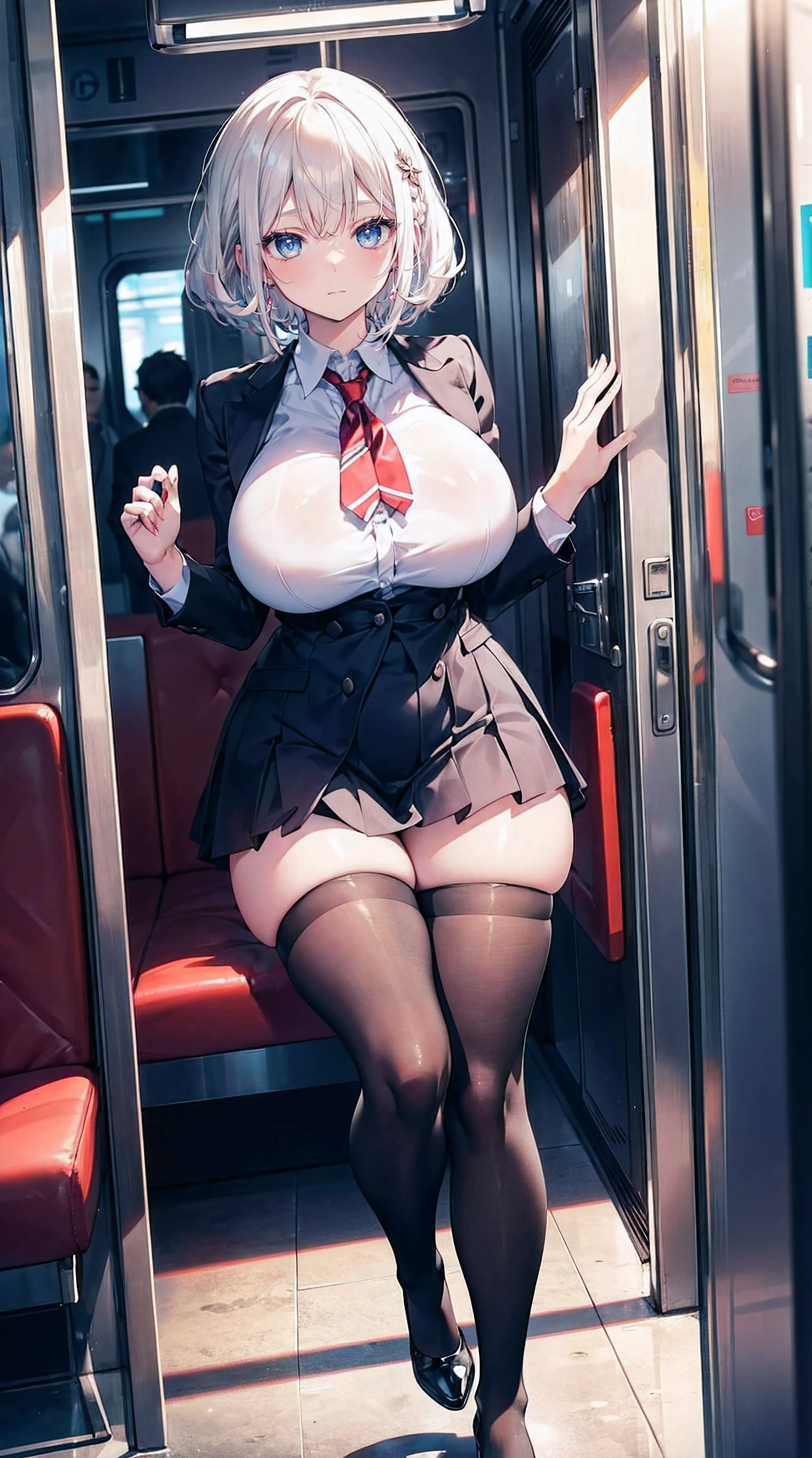 absurdo, Contenido , 8k, High resolution, Ultra detallado, papel tapiz, Perfect lighting, Sombras perfectas, Hermosos ojos, Obra maestra, La mejor calidad, mujer con cuerpo voluptuoso, cara avergonzada, pechoses, muslos enormes, Uniforme escolar, She stops on a train and a man hugs her from behind, pelo blanco corto, Ojos azul claro, ojos detallados, Medias hasta el muslo, Rostro de mujer detallado