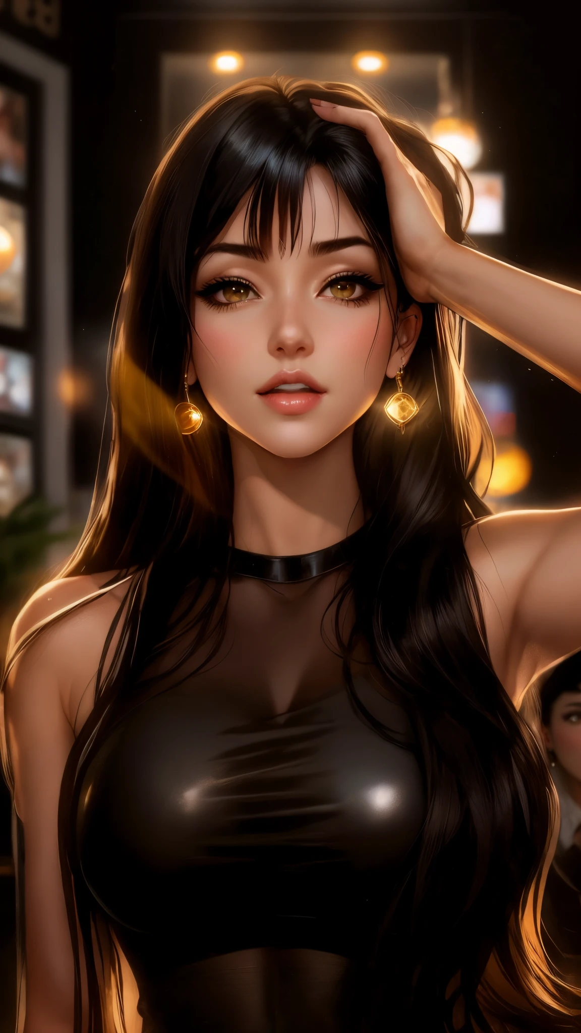 arafed image of a sexy couple posing together in a window, seductive tifa lockhart portrait, tifa, tifa lockhart, tifa lockheart, tifa lockhart portrait, glamorous tifa lockheart, portrait of tifa lockhart, tifa lockhart with Black and gold hair, range murata and artgerm, 8k high quality detailed art