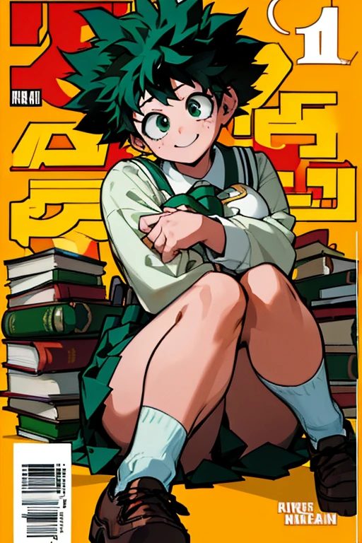 (Masterpiece: 1.5, Best Quality, High Resolution: 1.3, Super Resolution, Super Detailed, Ultra Detailed: 1.3, Rich Background: 1.2)) (girl 1) pale skin + freckles on cheeks + green eyes + green curly hair + long hair + curvy body + medium breasts + wide hips + (black and red Japanese seifuku uniform, brown school shoes, female version izuku midoriya) (sitting with books around, hugging sheep plush with a smile) (cover of the manga boku no hero, Japanese letters on the back)