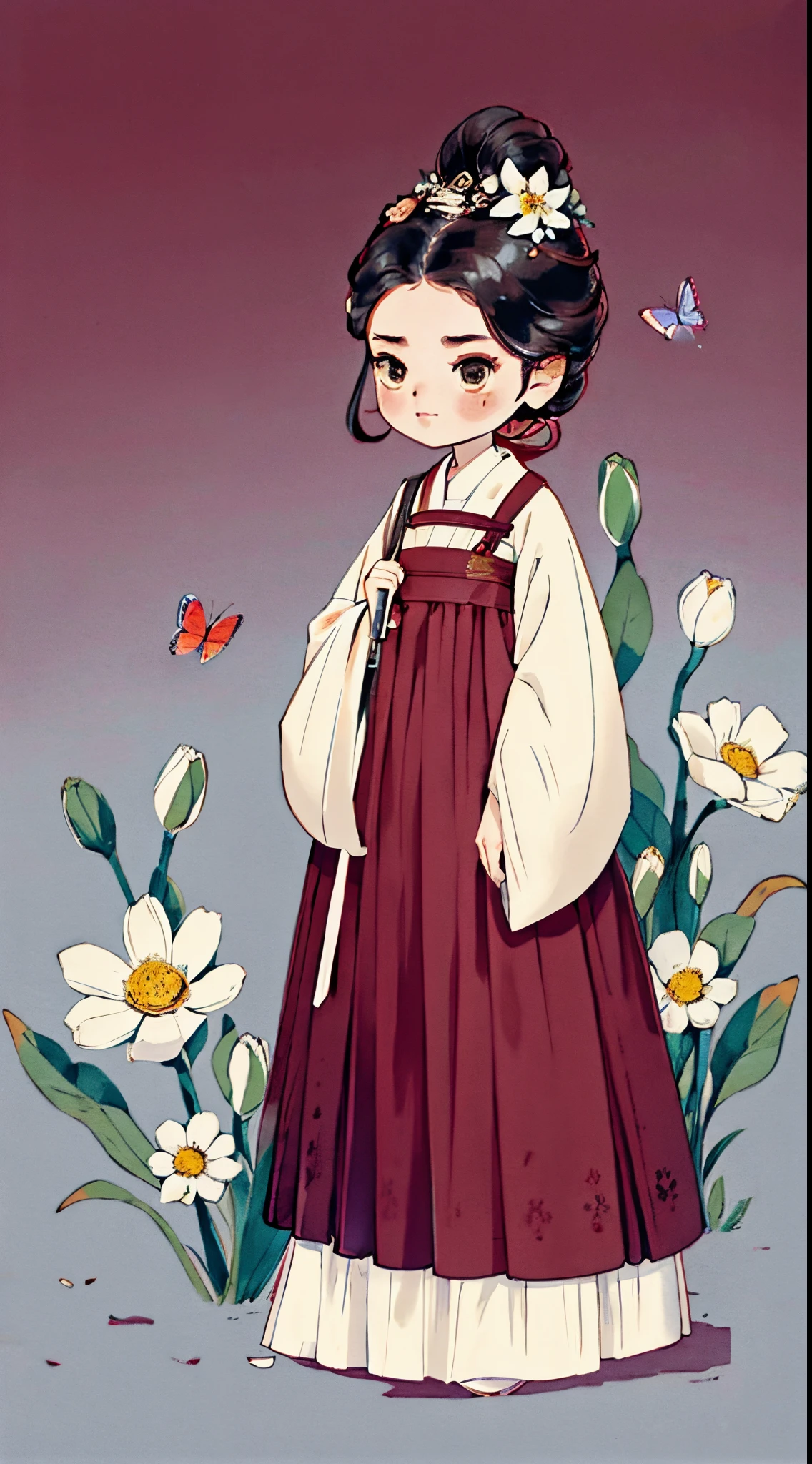 1 sister, Alone, looking at viewert, The face is red, Background with, black hair color hair, hair adornments, longer sleeves, white backgrounid, Eternal, Full body lesbian, Flowers, hairflower, hair-bun, butterflys,