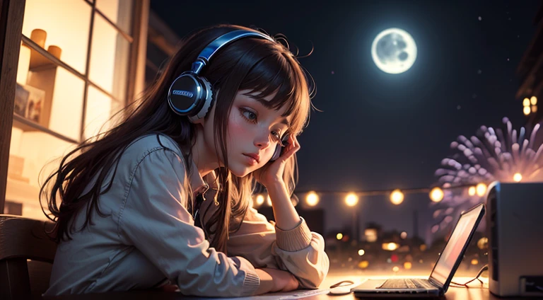 (((masterpiece))), (((best quality))), ((ultra-detailed)) ((moonlight light)) lofi girl watching the fireworks, the girl is listening to music