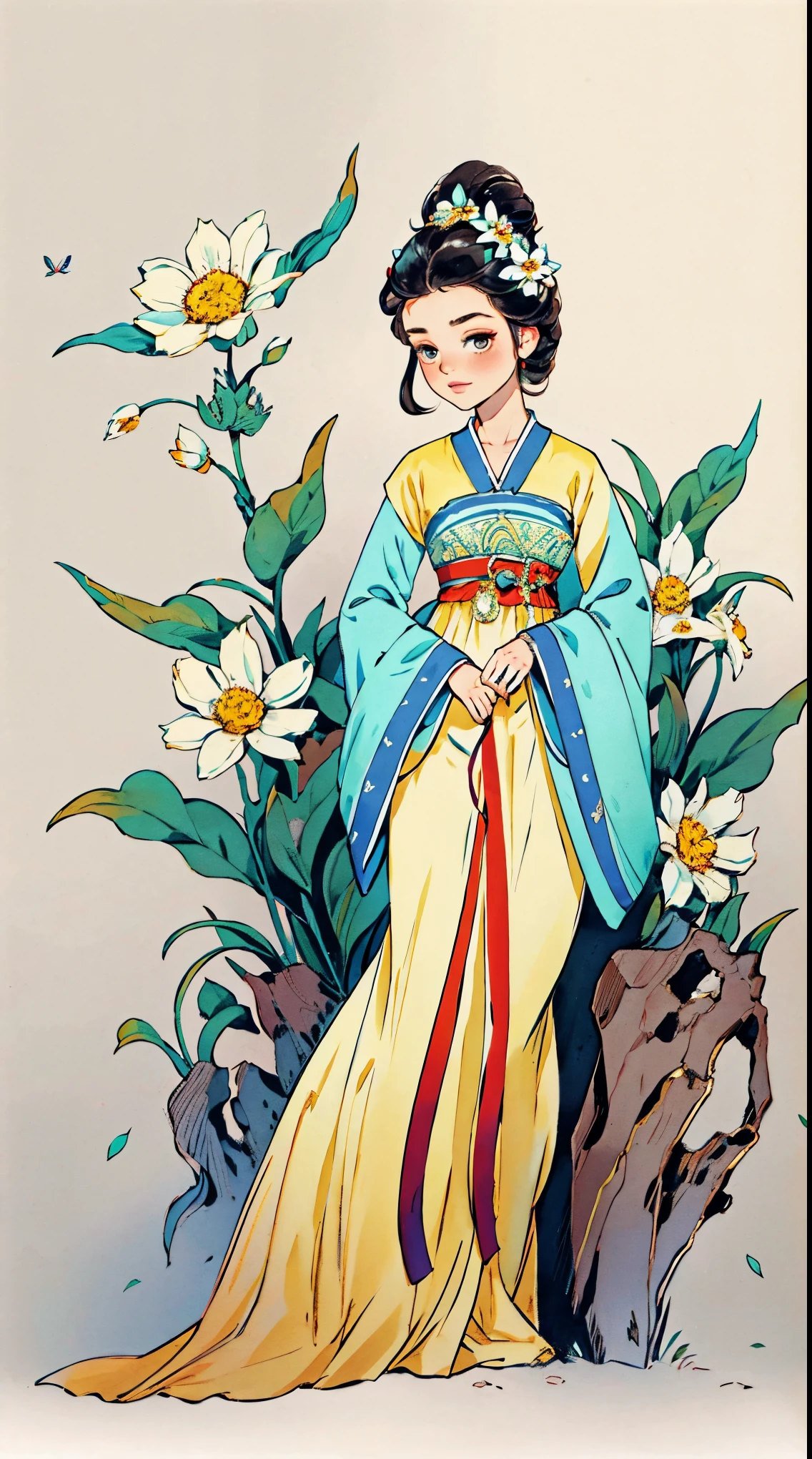 1 sister, Alone, looking at viewert, face flushed, Background with, black hair color hair, hair adornments, longer sleeves, white backgrounid, everlasting, Full body lesbian, blooming flower, hairflower, hair-bun, butterflys, tmasterpiece, recent quality, The finest details, Clear facial features, beautidful eyes