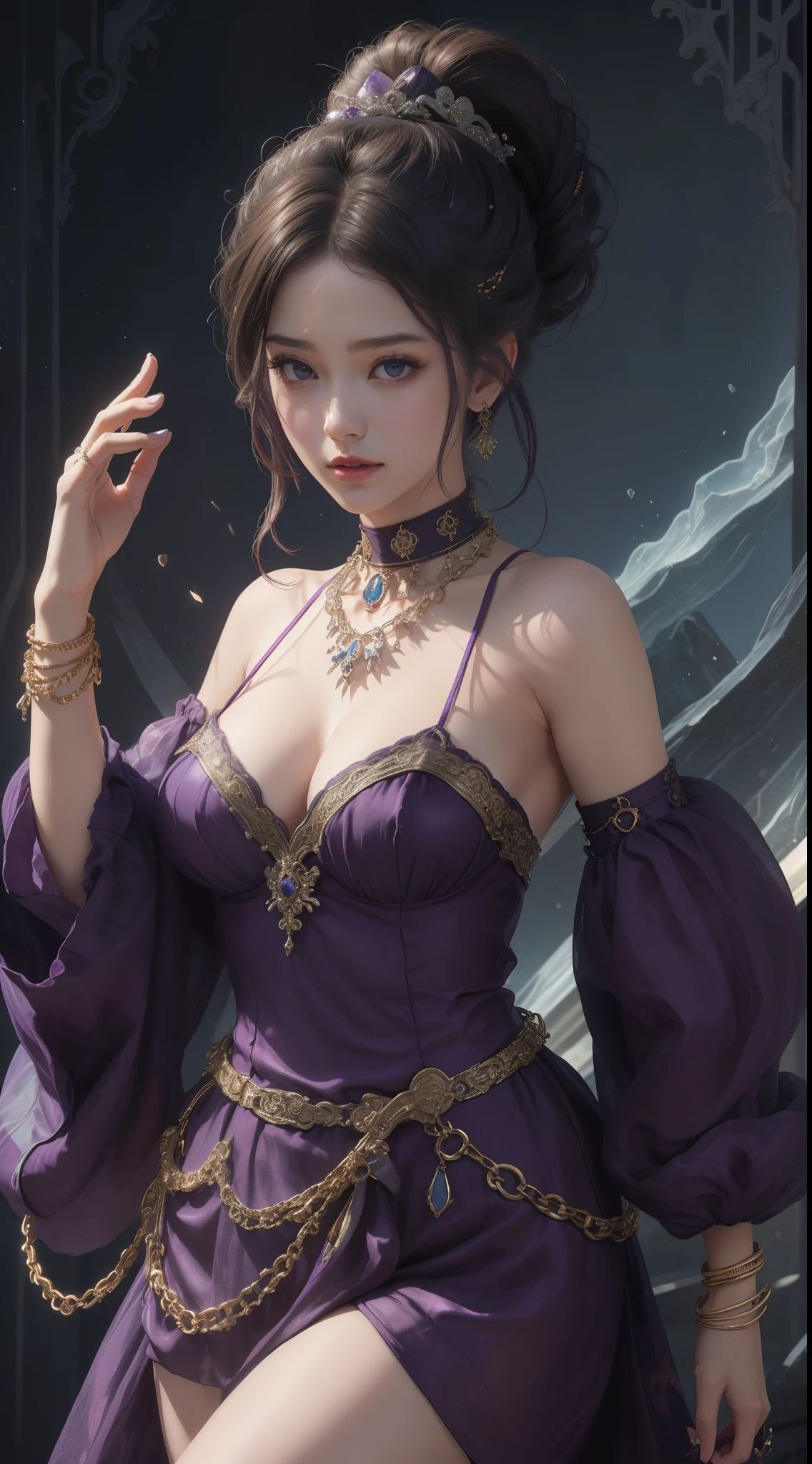 tmasterpiece,Highest image quality,Beautiful bust of older slave sister,Exquisite purple updo hairstyle,blacksilk,Decorated with a series of metal choker and anklet chains,Ultra-detailed details,advanced。At the Pixiv Art Station,Break your own power,Louie,Big breasts exposed,R-18G