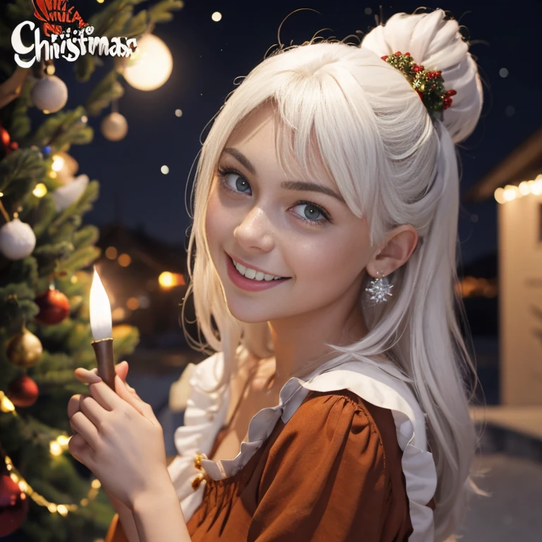 hemosa chica adolesente , hermosa chica latina,  ,una mujer joven con cabello blanco , pelo blanco , chica albina , ojos azules , ella esta sola , Es de noche, pecas en mejillas , wear christmas dress, vestido de santa claus , obra maestra, luz cinematografica, sonriente, feliz, cuerpo completo , fondo variado , chica alvina , largo cabello blanco , Christmas decorations