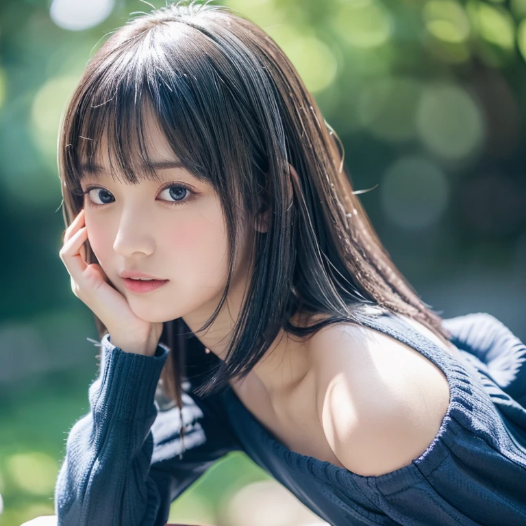 (Best Quality,4K,8K,hight resolution,masutepiece:1.2),Ultra-detailed,extremely detailed eye and face,Beautiful detailed eyes,Beautiful detailed lips,long eyelashes,((Realistic)),Photorealistic:1.37,japanes,fine-grained white skin,((Dark blue mini pleated skirt)),beautiful and magnificent composition,Marshmallow-like skin,masutepiece,Attractive,Posing for a photo,Cute,Dark blue high socks,((Silver hair color)),silky smooth and straight hair,Off-the-shoulder tops,Outdoor on a sunny day,healthful,(with round face),Standing,full bodyesbian,