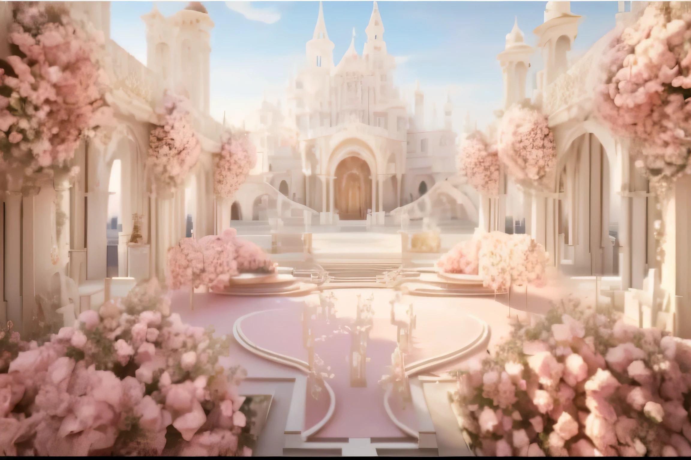 There is a large white castle,There are fountains and flowers, unreal-engine ; Romantic themes, beautiful render of a fairytale, very magical and dreamy, palace background, dreamy and detailed, Inside a surreal virtual reality castle, fantasy aesthetic!, ethereal fairytale, Stunning mysterious background, A palace floating in the air, Complex and gorgeous anime CGI style, fairy tale setting, 3D amazing details,pink hydrangeas