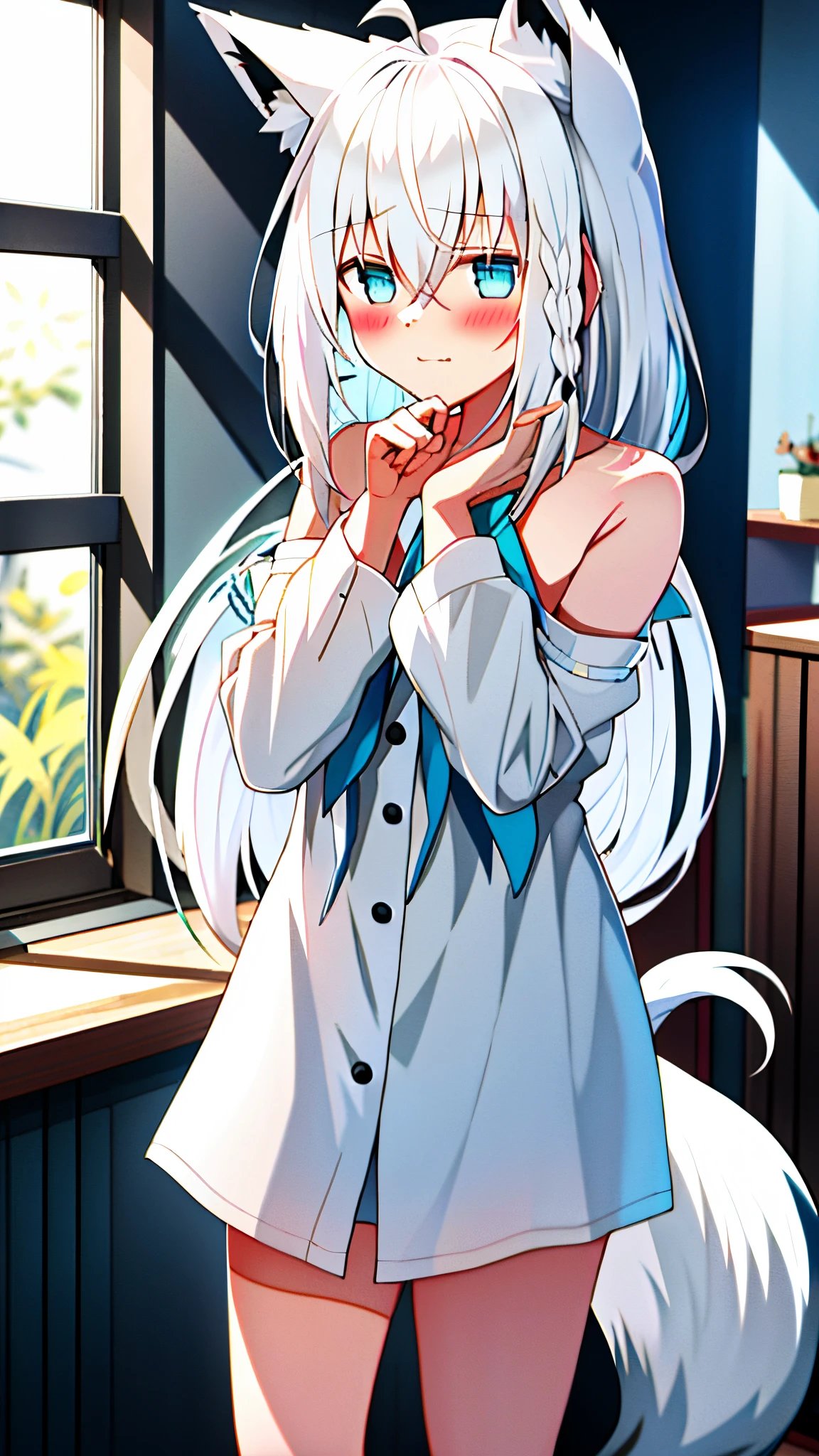 One girl with white long hair, glossy white hair, looking away, embarrassed, blushing, :3, indoor, naked oversized shirt, normal thighs , white cat ears, white fox tail, squating, cat pose, moe pose, blue eyes, white shirt dress, full body, embarrassed a little bit