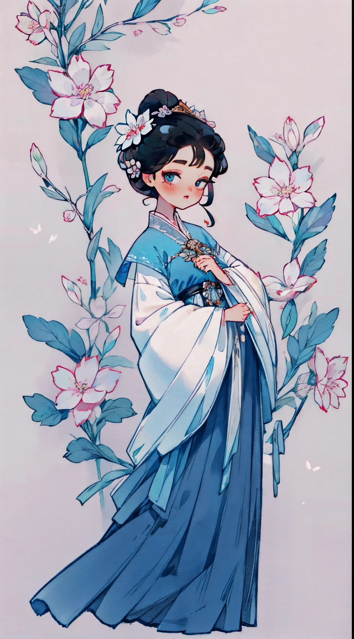 1个Giant Breast Girl, Alone, looking at viewert, face flushed, Background with, black hair color hair, hair adornments, longer sleeves, white backgrounid, Eternal, Full body lesbian, blossom flower, hairflower, hair-bun, butterflys, tmasterpiece, recent quality, The finest details, Clear facial features, beautidful eyes