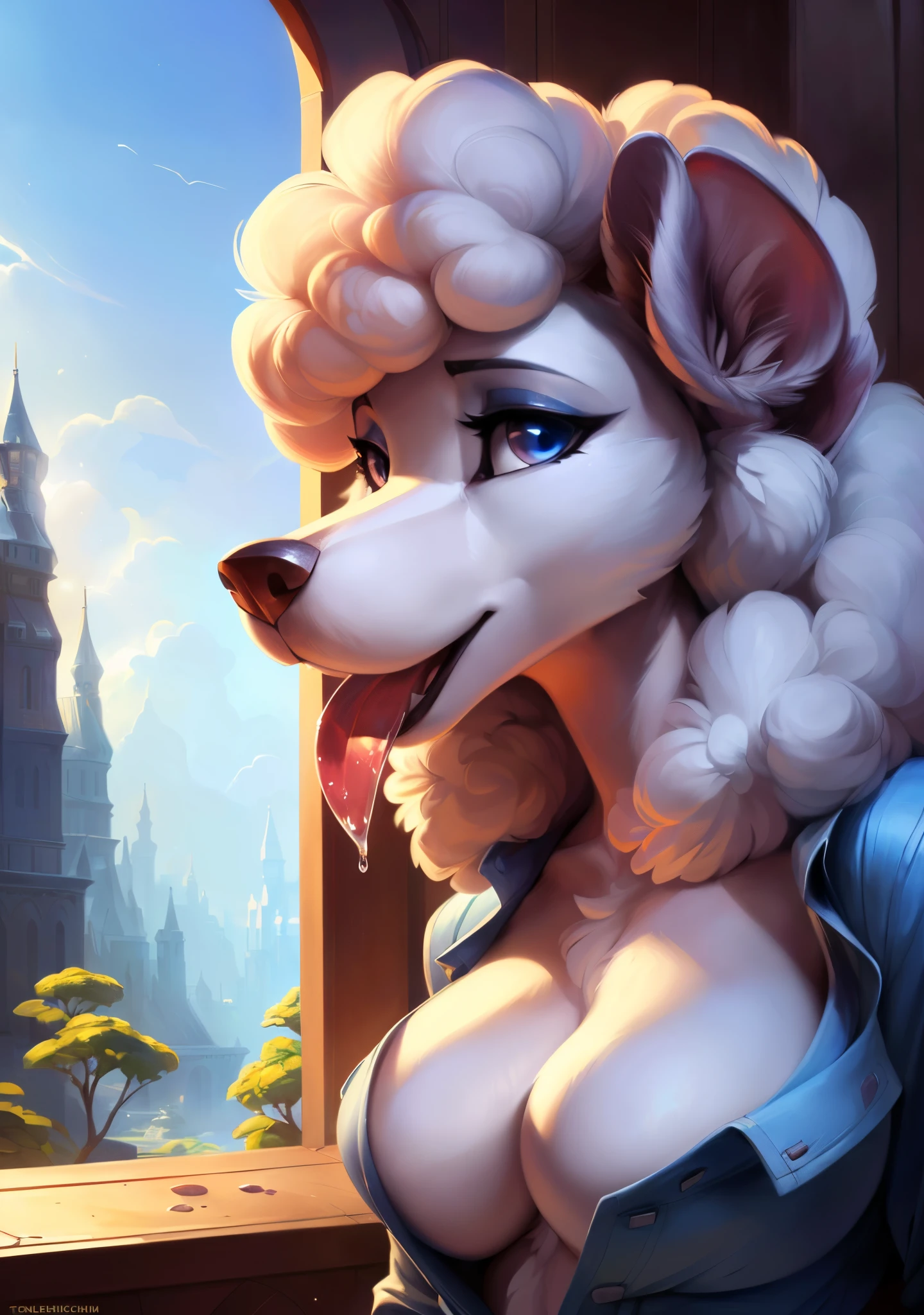 uploaded on e621, by Pixelsketcher, by Bayard Wu, by Thomas Benjamin Kennington , by Einshelm, solo anthro, ((face portrait)), BREAK, ((mouth open tongue out, saliva dripping)), ((wear unbuttoned shirt)), (detailed Bonifasko lighting), (detailed fur), (detailed skin), BREAK, ((mouth open tongue out, saliva dripping)), ((wear unbuttoned shirt)), ((white wavy haicing viewer )), (cinematic lighting), ((detailed background)), ((face view)), (((portrait view))), (half shadow), [backlighting], [crepuscular ray], [detailed ambient light], [gray natural lighting], [ambient light], (higher wildlife feral detail), [explict content], [sharp focus], (questionable content), (shaded), ((masterpiece), white wavy hair, big hips, medium featureless breasts, breasts, furry poodle, poodle face, Furry Fantasy Art, Anthro Art, Commission for High Res, Furry Art, furry Art,Sakimichan beautiful, masterpiece, medium featureless breasts, best quality, detailed image, bright colors, detailed face, perfect lighting, perfect shadows, perfect eyes, girl focus, poodle eyes, flawless face, big featureless breasts, gorgeous, shiny face, face focus, poodle ears, poodle girl, fluffy, fluffy woman, face fur, animal nose, muzzle, two-tone fur, gaze at the viewer, half-closed eyes, 1girl, solo, full face only, (masterpiece), (best quality), (illustration), (cinematic lighting), white wavy hair, detailed fur, balanced coloring, global illumination, ray tracing, good lighting, poodle, furry, anthro, showing featureless breasts, cleavage, attractive face, sexy face, looking at viewer, seductive look, SFW