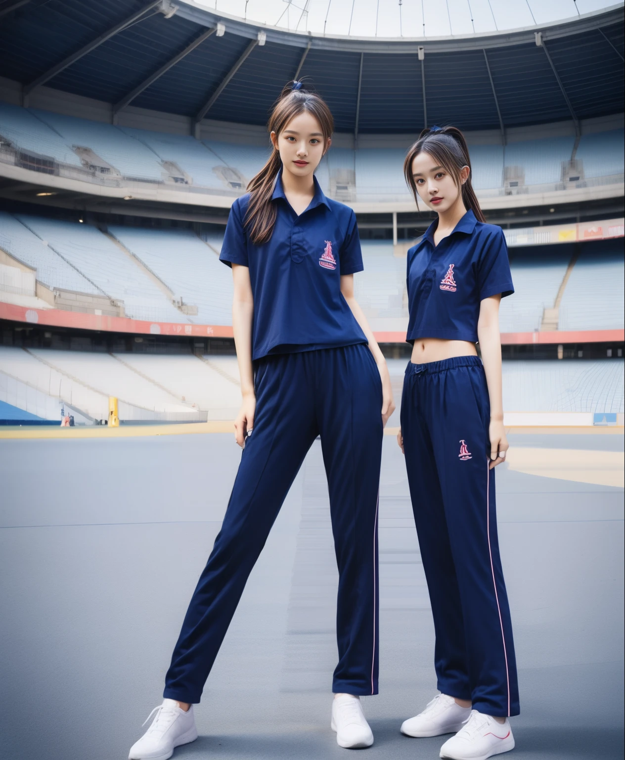 (bestquality,10,10,highres,masterpiece:1.2),ultra-detail,(Realistic,photorealistic portrait,photo-realistic:1.37),1 Cute girl in the football field,oily shiny skin,bara,light smile,BDclothelue shirt:1.3)),short sleeves,shirt, trousers.,(navy_long_Pants Track:1.1), ((Stadium Background:1.3)),dynamic angle,excited,face focus,Dynamic Poses,from behide,Ass Focus,masterpiece, bestquality, ultra realistic, hyper-detail, 8k resolution, RAW photo, crisp focus, ((Navy blue shirt:1.1)), short sleeves, Long Path, Perfect body, 2 mature women, 18yo, cinematic light,Blue sweatpants,Gymware,Correct anatomy,Complete body, Correct body, sharp face, Anatomically correct body, full entire body, Realistic gestures, long-haired, Realistic poses,Wear long shorts.................................,Long leg span,Shapely,Sculpting Girl, Slender Figure, mannequin mannequins, Shapely, Beautiful body,Blue sweatpants, Two girls kissing
