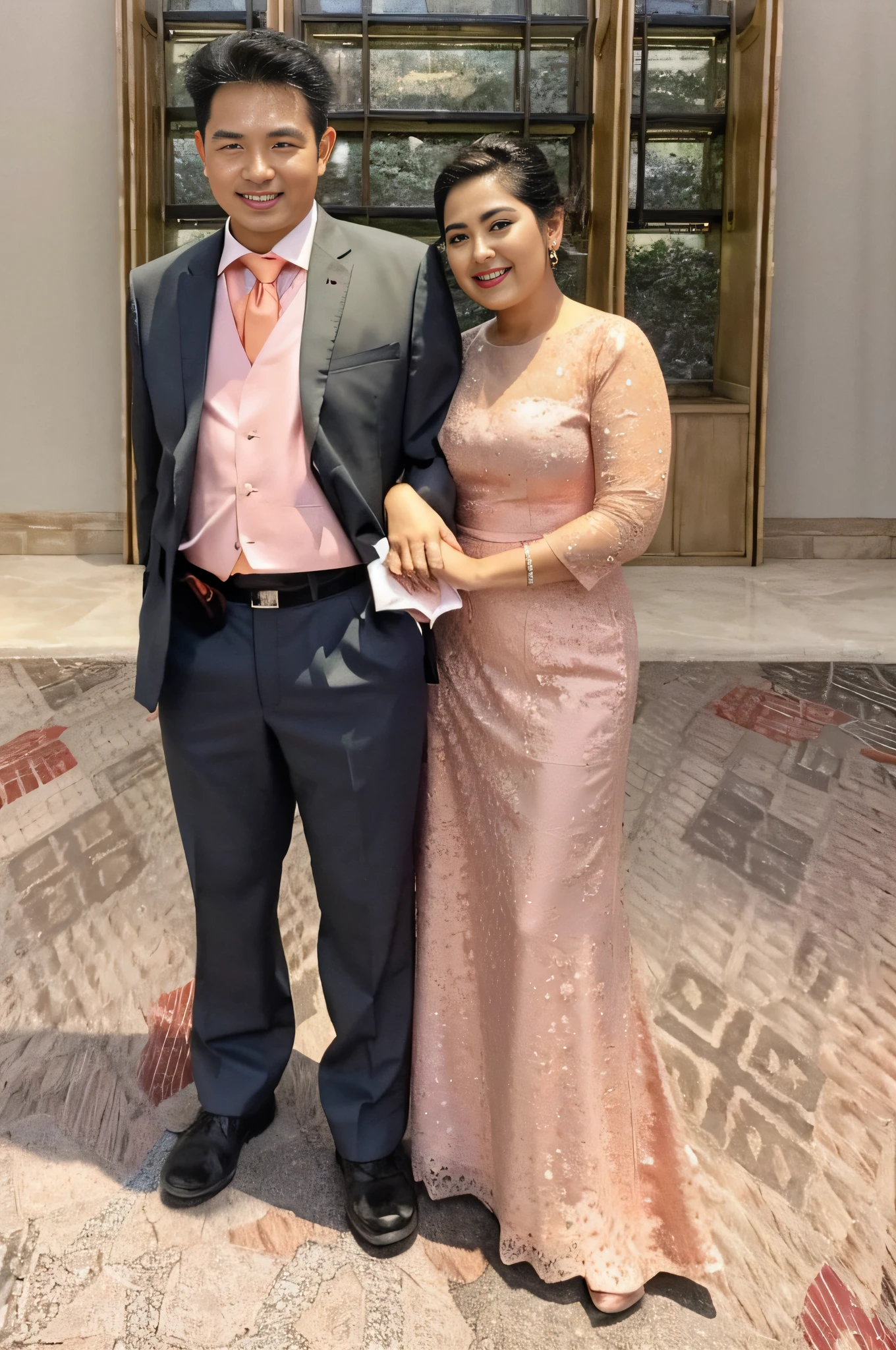 they are posing for a picture in a formal dress, lovely couple, momma and papa, wearing a pink ballroom gown, wearing a pink tux, photo taken in 2 0 2 0, wearing pink floral gown, formal attire, profile image, taken in the early 2020s, wearing an evening gown, wearing a pink dress, an elegant couple, wearing long gown