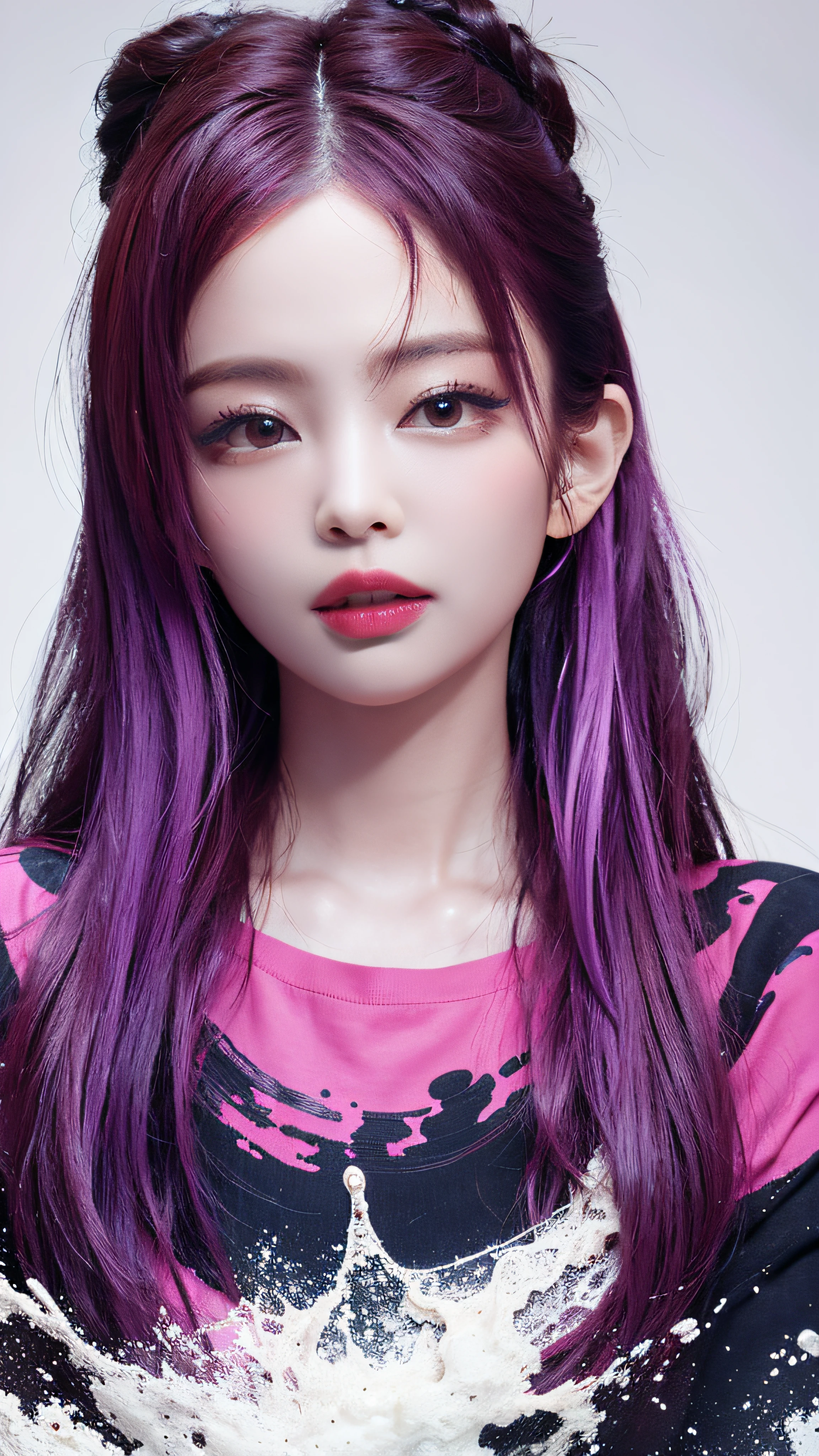 (Masterpiece, Best Quality, High Resolution), White Background, ((Paint Splash, Color Splash, Splash of Ink, Color Splash)), Sweet Chinese Girl, Rainbow Hair, Pink Lips, Front, Upper Body, Jennie Kim,