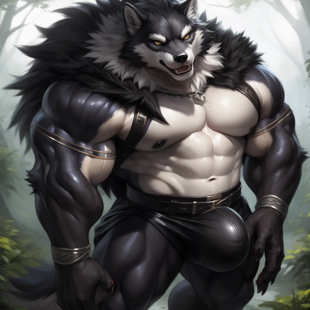 upload on e621, by Pino Daeni, by null-ghost, by kiyosan, Valor Wolf, Masterpiece, best quality, ultra high res, 4K, 8k HD, 2D, perfect anatomy, digital art, official art, extreme detailed, ultra detailed, strapsanime, color, soft shading, sharp focus, forest woods background, 1boy, dark black body fur, silver belly, detailed fluffy fur, ultra detailed face, detailed eyes, detailed iris eyes, detailed yellow eyes, white sclera, black pupils, navel, abs, bare pectoral, black claw nails, furry wolf male, mature male, giant size, dark black giant bulky muscular body fur, canid, huge black nipples, huge muscles, hyper muscles, huge pecs, oversize pecs, giant biceps, canine, canis, mammal, powerful wolf god, wolf male, fierce face, serious expression, badass, wolf anthro, solo, standing, wearing full complete sleeveless long black and silver coat/jacket, black and silver full complete sleeveless long coat/jacket, shirtless, dark black longest hair, dark black longest back fur hair, dark black longest hair fur front lay on pecs, hair color match his fur color, perfect fingers, dark black hands and fingers, wearing fingerless black gloves, black gloves, one black armbands on biceps, three black armbands on forearms, one silver moon, large black prayer beads necklaces, prayer beads necklaces rest on his tuft pecs, dark black and silver underside long tail, black long pants with silver designs with belt straps on leg, huge bulge