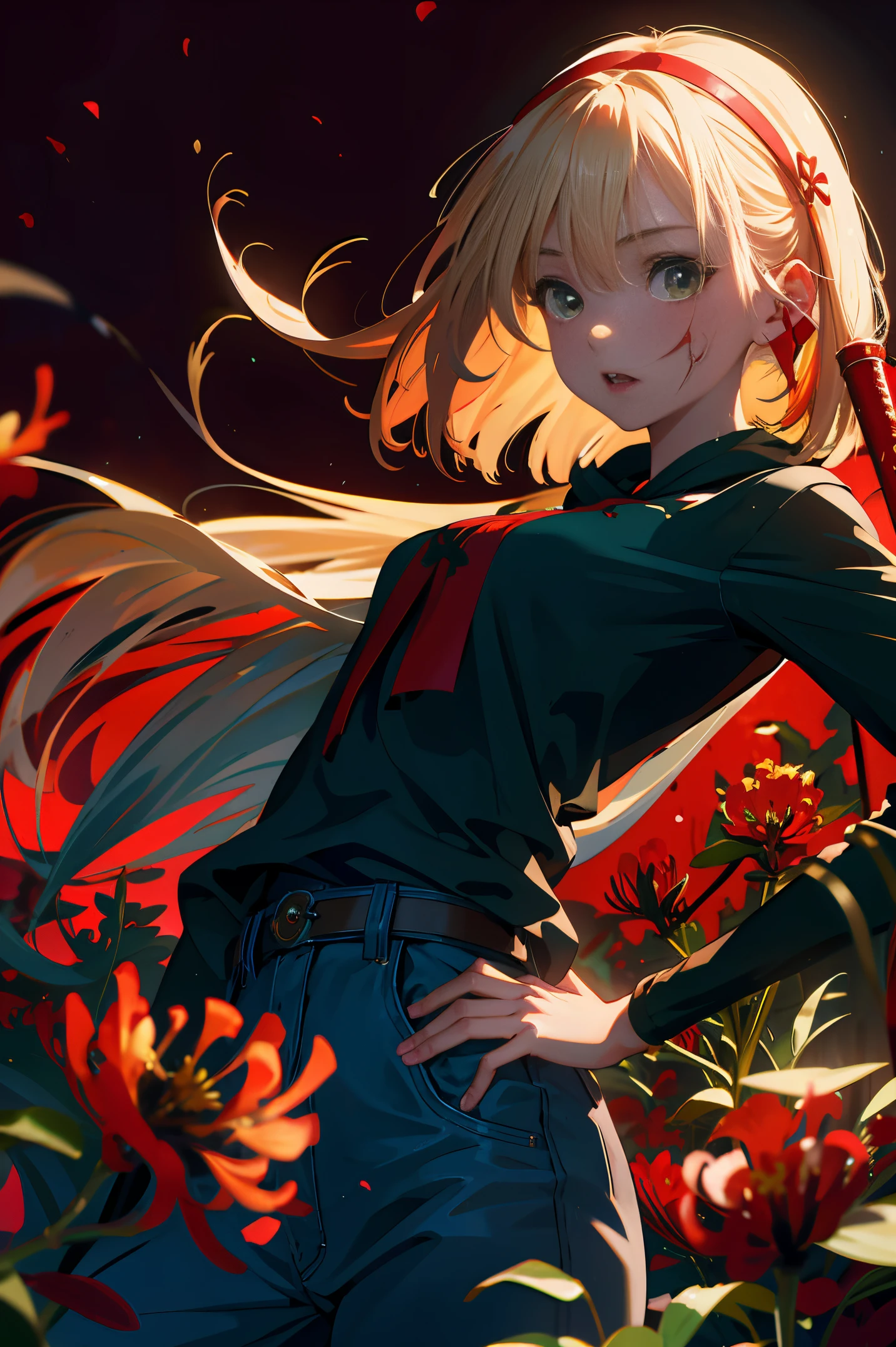 (Fine, beautiful eyes and detailed face)、cinematlic lighting、bustshot、the Extremely Detailed CG Unity 8K Wallpapers、(top-quality、hight resolution、8k、​masterpiece:1.2)。Curvaceous but slender、Muchimuchi Body、Red Spider Lily Field、The whole area is filled with Red Spider Lily、Red Spider Lily、Grinning woman、Red Spider Lily sits in the middle of blooming。With a somewhat horror look、Eight teeth are characteristic。Wearing blood-soaked clothes、Has an ax。The crazy expression and the gap between her and the Red Spider Lily further enhance her beauty。Half-taken off hoodie、accessorized、mole、Eyebrows、double tooth、canine teeth、poneyTail、Muscular nose、Clear detailed green eyes、blondehair、Hats、校服、red blush、short-haired、a choker、Fleshy lips、Physical beauty、well-muscled、Raise bangs in a headband、Oforehead、Mysterious fashion、Street Fashion、Anime style、animesque、Oversized trousers、unreal、Fashion based on green and black、Backgrounds with depth、The background is a bright red spider lily field that spreads all over the area、10,000 Red Spider Lilies。a necklace、Bracelets、Misanga、arm band、colorful backdrop、Light and Wall Co-star、A small black cat clinging to his shoulder、Original face、(dark themed:1.3)、Dark Fantasy、