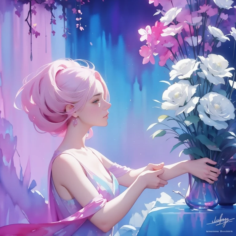 1girl,flower, Lisianthus ,in the style of light pink and light azure, dreamy and romantic compositions, pale pink, ethereal foliage, playful arrangements,fantasy, high contrast, ink strokes, explosions, over exposure, purple and red tone impression , abstract, ((watercolor painting by John Berkey and Jeremy Mann )) brush strokes, negative space
