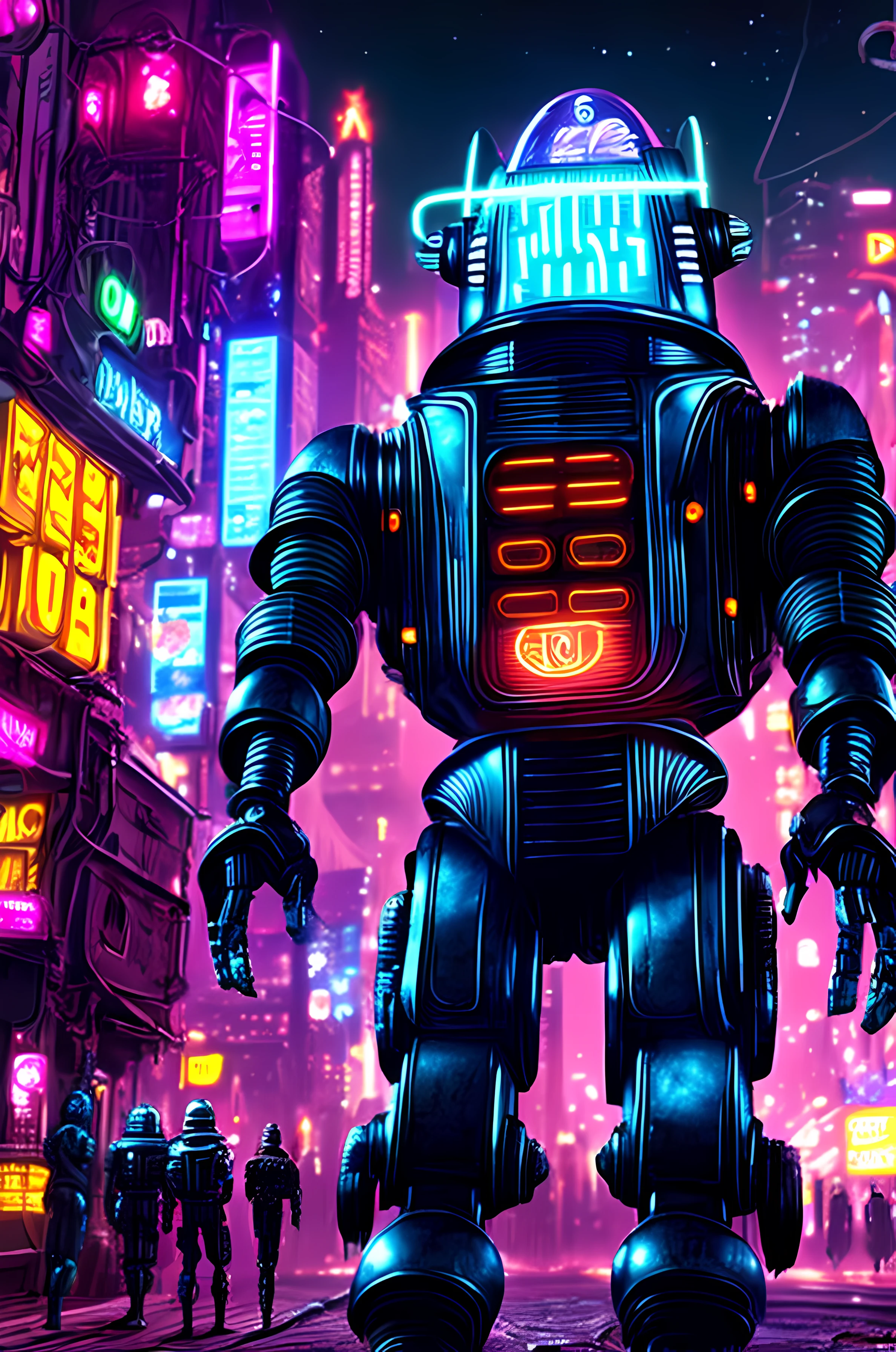 robby3  1robot a black robot in a cyberpunk dystopian alien city at night, neon, (cosmic), cinematic detailed, high quality, highres, 8k, high saturation