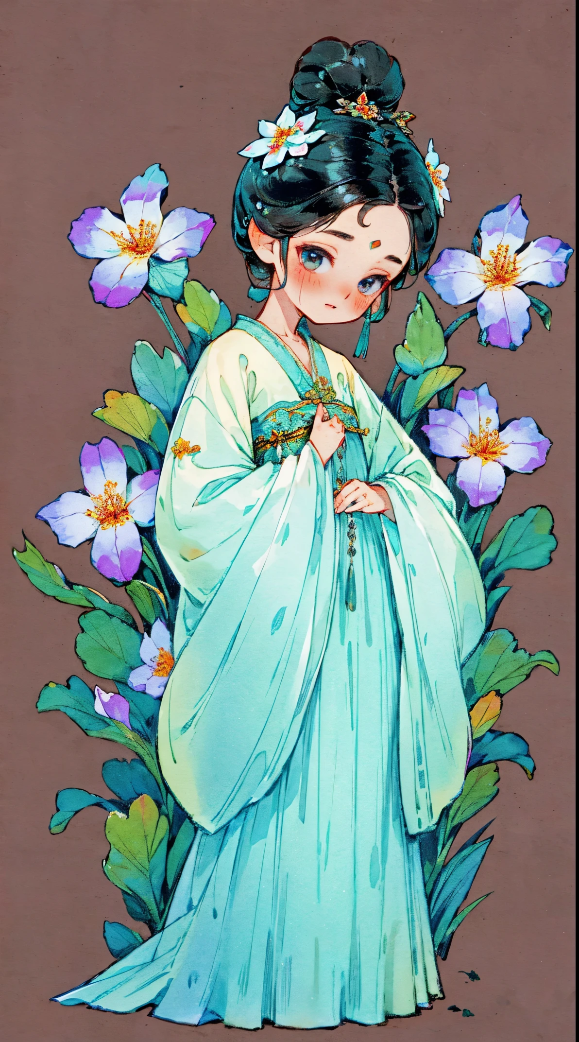 1 sister, Alone, looking at viewert, face flushed, Background with, black hair color hair, hair adornments, longer sleeves, white backgrounid, everlasting, Full body lesbian, blooming flower, hairflower, hair-bun, butterflys, tmasterpiece, recent quality, The finest details, Clear facial features, beautidful eyes