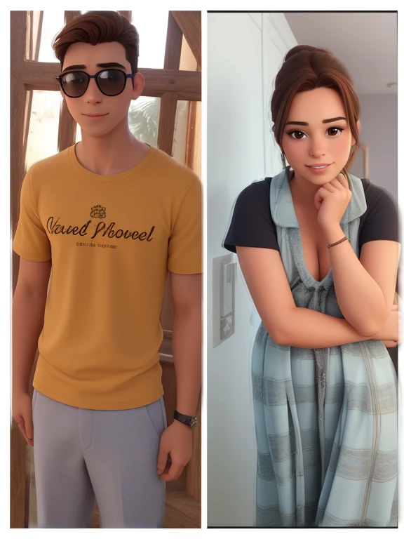 Criar uma traed da Disney com o casal da foto. Uma jovem mulher de cabelos grandes castanhos, e um jovem homem de oculos. Com um fundo verde cheio de arvores.