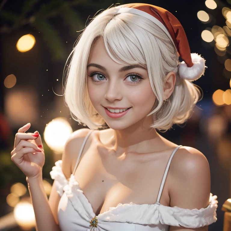 hemosa chica adolesente , hermosa chica  europea , 15 years ,una mujer joven con cabello blanco , largo pelo blanco , chica albina , ojos azules , ella esta sola , Es de noche, pecas en mejillas , wear christmas dress, vestido de santa claus , obra maestra, luz cinematografica, sonriente, feliz, cuerpo completo , fondo variado , chica alvina , largo cabello blanco , Christmas decorations , chica coqueta , con rasgos finos , sexy
