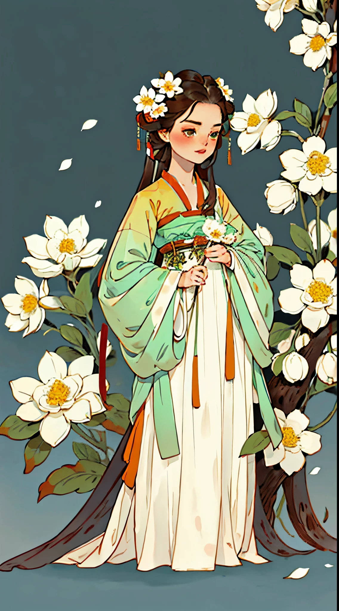 1. ancient chinese beauti, Alone, Long gray hair, Background with, Brown hair, hair adornments, longer sleeves, Full body lesbian, flowers in full bloom, hairflower, Chinese clothes, White flowers, Green dress, Hanfu, tmasterpiece, recent quality, The finest details, Clear facial features, beautidful eyes