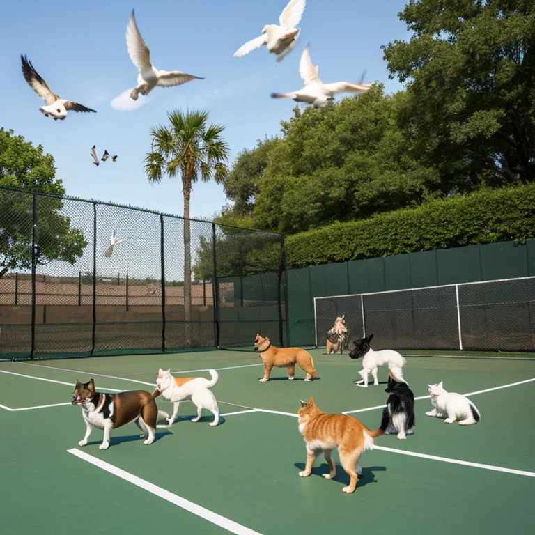 Dogs, cats, and birds gathered on the tennis court