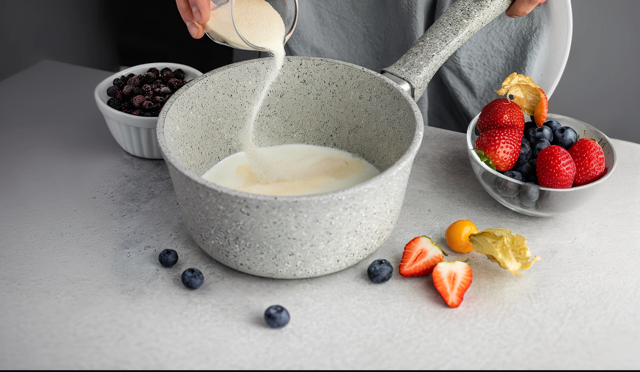 Someone pours milk into a bowl of fruit and berries, Smooth texture, professional product photo, Middle close-up composition, food particles, smooth blending, Blander, pouring techniques, Exquisite and smooth details, arte mista, hyperrealistic rendering, hyperrealistic rendering, perfect detail, pastels', focus on full - body, some pouring techniques, pouring