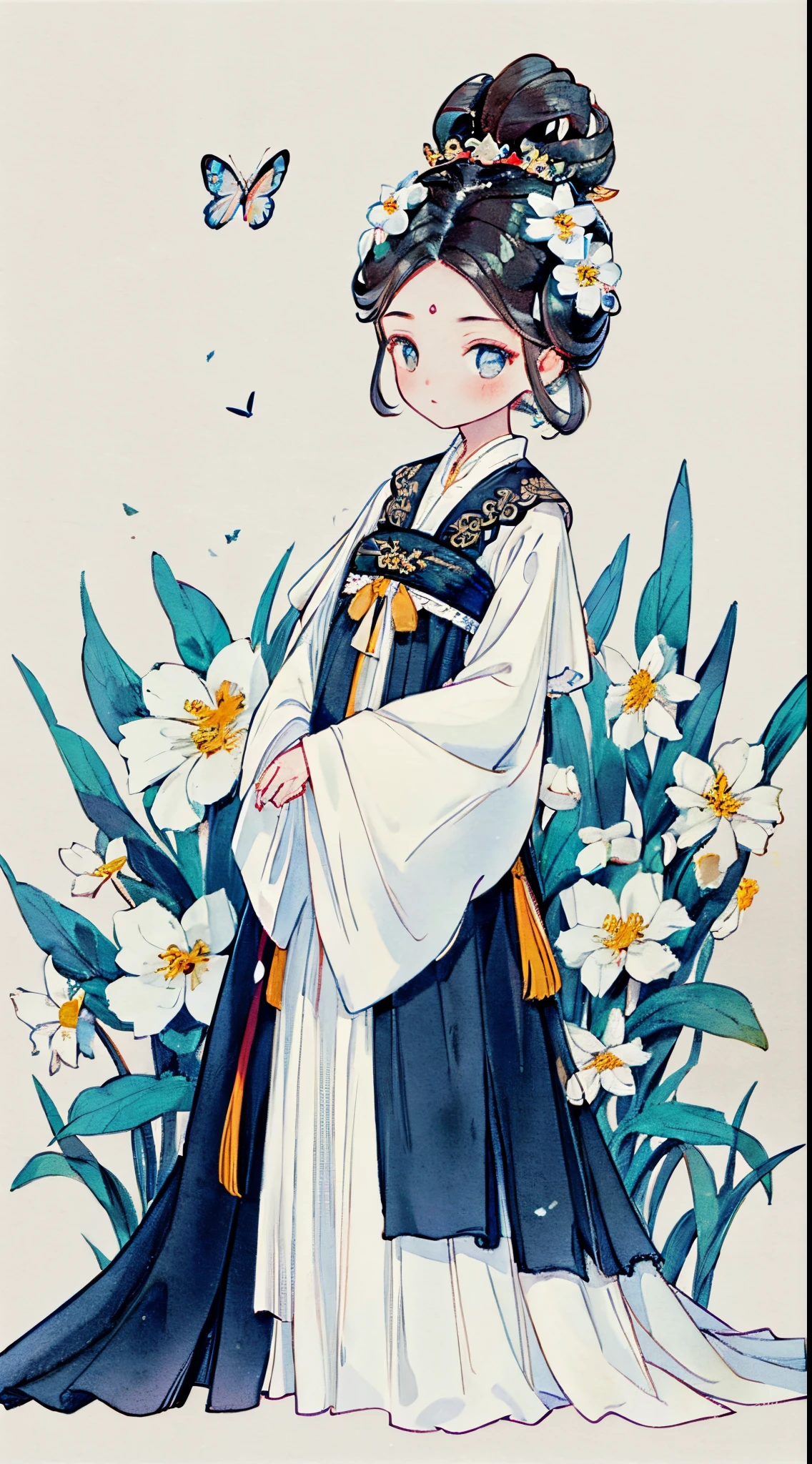 1 sister, Alone, looking at viewert, face flushed, Background with, black hair color hair, hair adornments, longer sleeves, white backgrounid, everlasting, Full body lesbian, blooming flower, hairflower, hair-bun, butterflys, tmasterpiece, recent quality, The finest details, Clear facial features, beautidful eyes