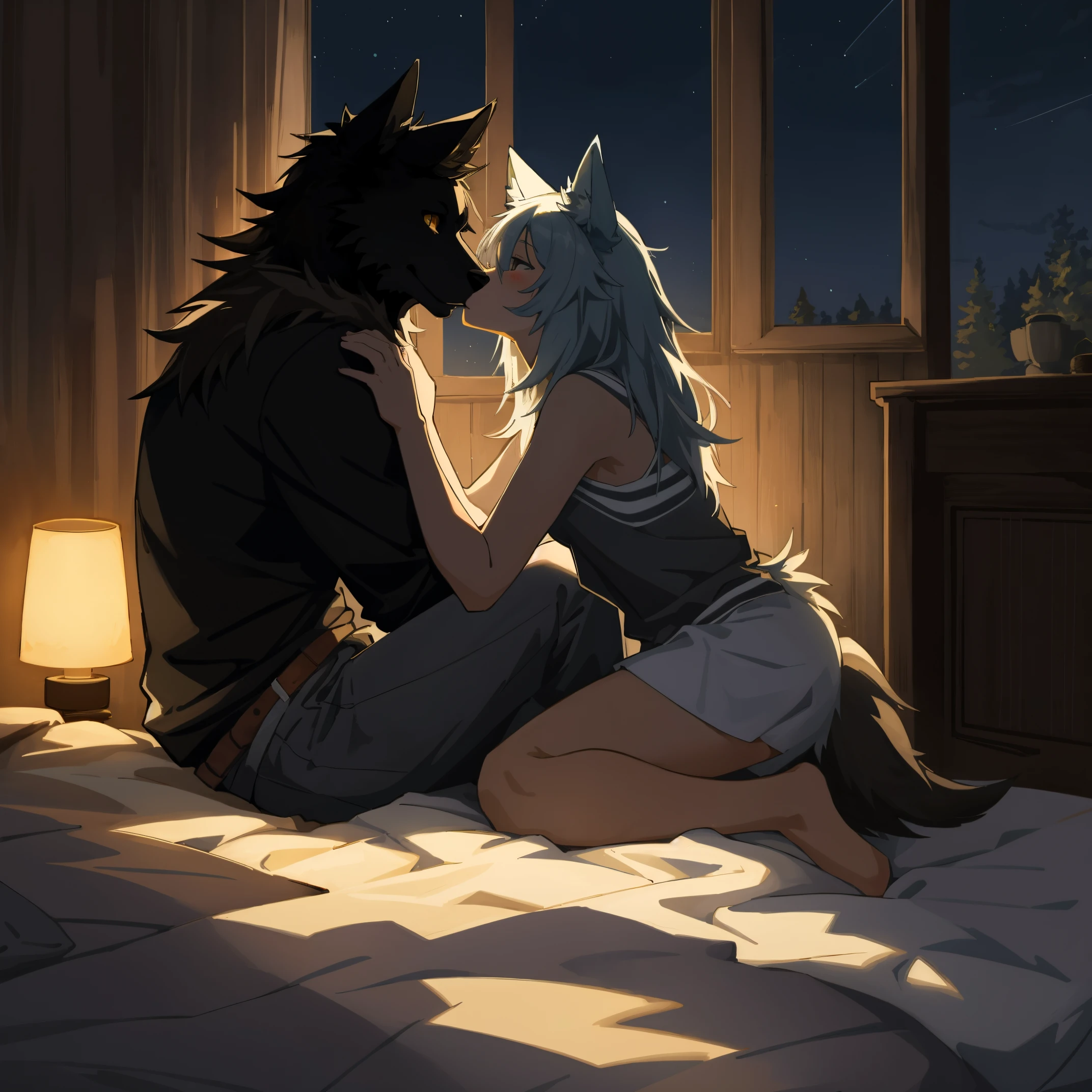 High-quality illustrations, cover page, highres, absurdres, night, bedroom, The story of the meeting of a girl and a wolf, kiss, Secret relationships, love lomance, dynamic lighting, deep shadow,