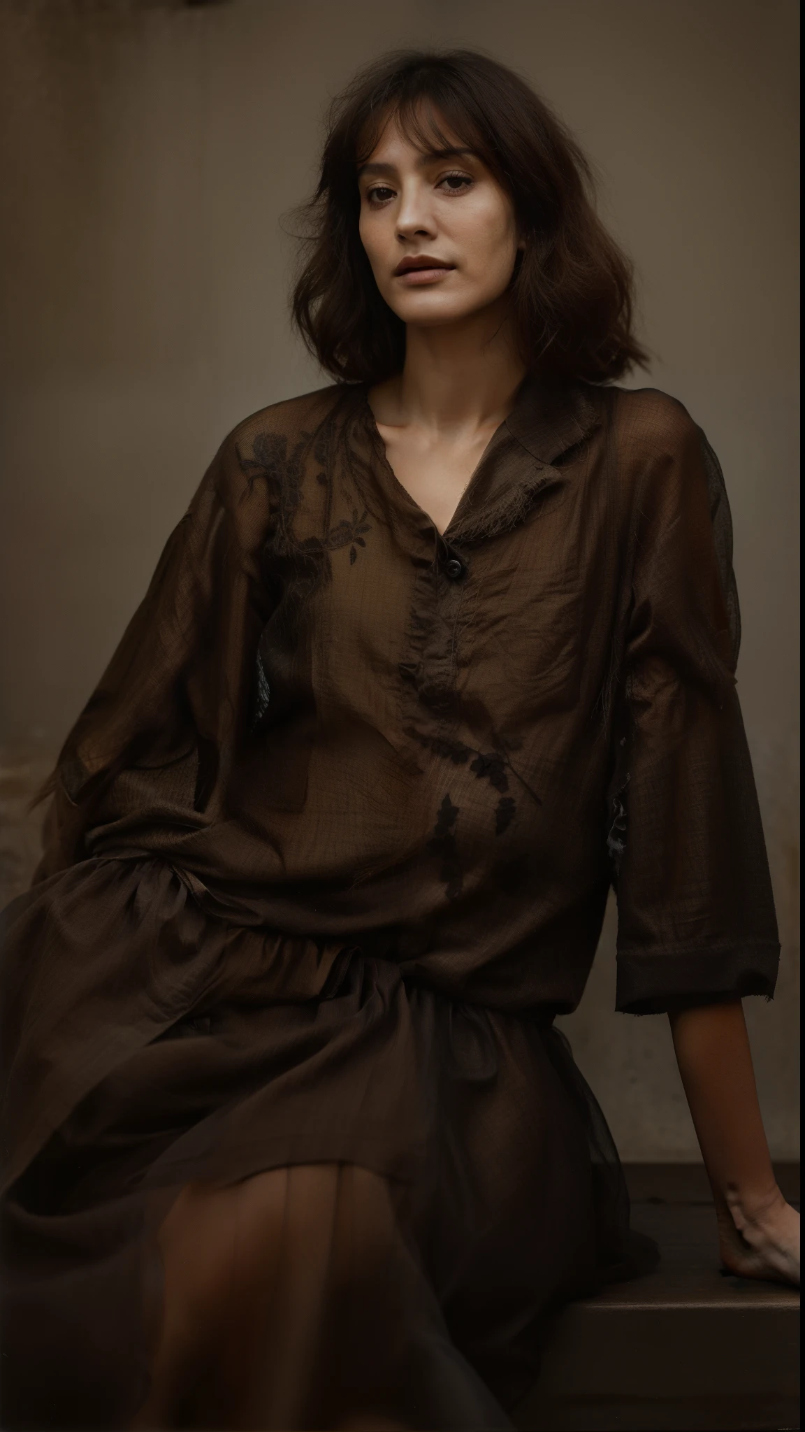 Clear photograph of a woman in a brown dress sitting on a bench, Em estilo de Paolo Roversi, clothed non - nude portrait, O estilo de Paolo Roversi, Paolo Roversi, inspirado em Richard Avedon, retrato misterioso de uma mulher, inspirado em Pierre Adolphe Valette, Inspirado em Josep Rovira Soler