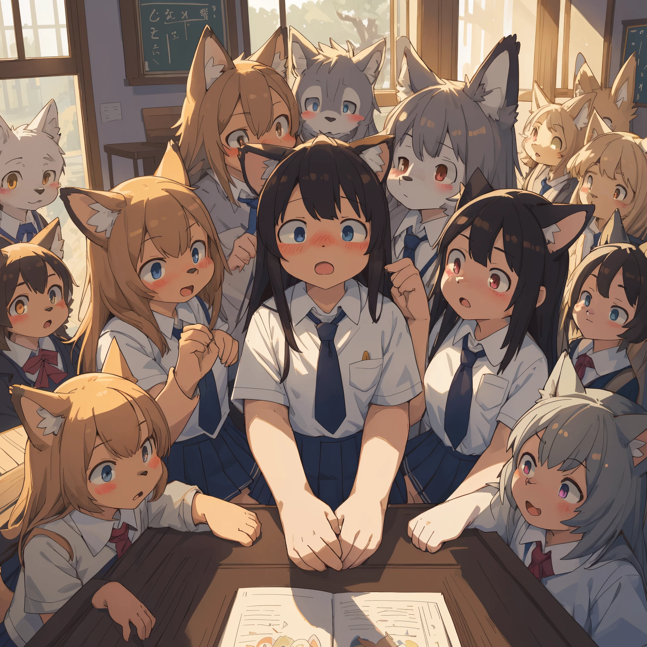 top quality, best quality, High-quality illustrations, masterpiece, super high resolution, detailed background, detailed background, School Uniforms, class, reaching out, embarrassed, blush, group shot:0.1, 6+boys, 6+girls, absurdres(highly detailed beautiful face and eyes)perfect anatomy, expression, good lighting, cinematic shadow(kemono, furry anthro),