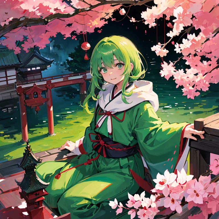 1girl in、wide eyed、Constricted pupils、​masterpiece、Hide one eye with hair，，Green cloak，shortpants，White kimono，long hair in front，White head hair，short head hair，Green eyes，A smile，A Japanese style，shoji，beautful view，Japanese castle，chii，cherry trees