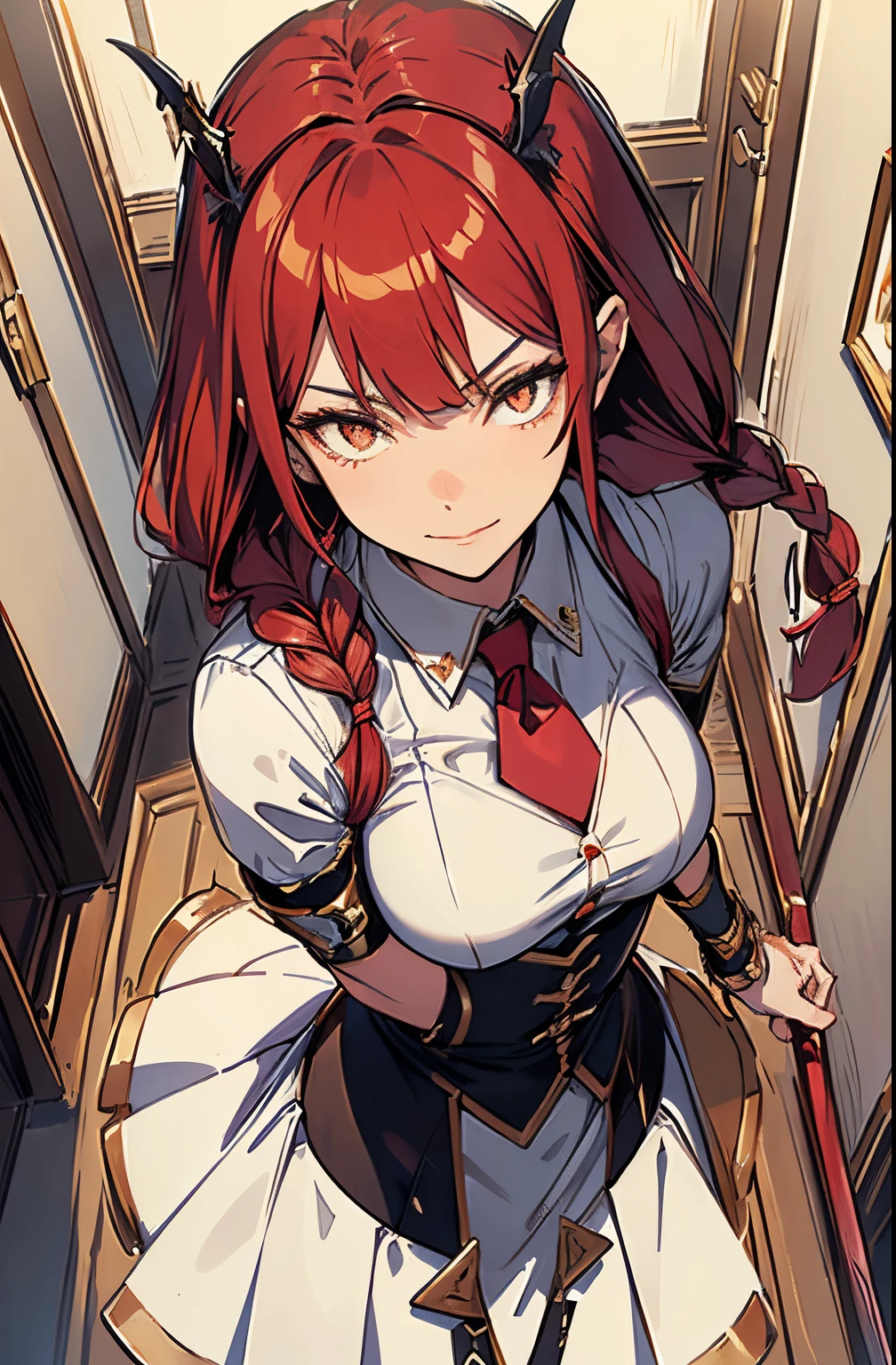 (((masterpiece))),(best quality), 1girl,solo, extremely detailed, detailed face,detailed eyes,illustration,2k,(full body:1.2),
makima \(chainsaw man\),standing, red hair, long braided hair, golden eyes, bangs, white shirt, necktie,(sinister smirk),
((In the corridor)),looking at viewer, the portrait is centered,(close-up:1.4),upper body,(from above:1.4),(wide-angle lens:1.2),(Fisheye effect:1.1),head sideways,evil,
looking at viewer, (bow one's head),(night),(Holding a knife:1.2),
scared, horrified,(constricted pupils:1.5),(crazy smile:1.2), cleavage