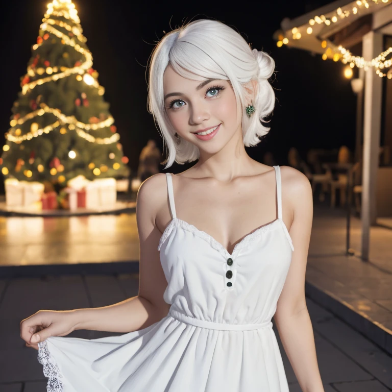 hemosa chica adolesente , hermosa chica europea , 15 years ,una mujer joven con cabello blanco , largo pelo blanco , chica albina , ojos azules , ella esta sola , Es de noche, pecas en mejillas , wear christmas dress, vestido de santa claus , obra maestra, luz cinematografica, sonriente, feliz, cuerpo completo , fondo variado , chica alvina , largo cabello blanco , Christmas decorations , chica coqueta , con rasgos finos , sexy , foto de cuerpo completo