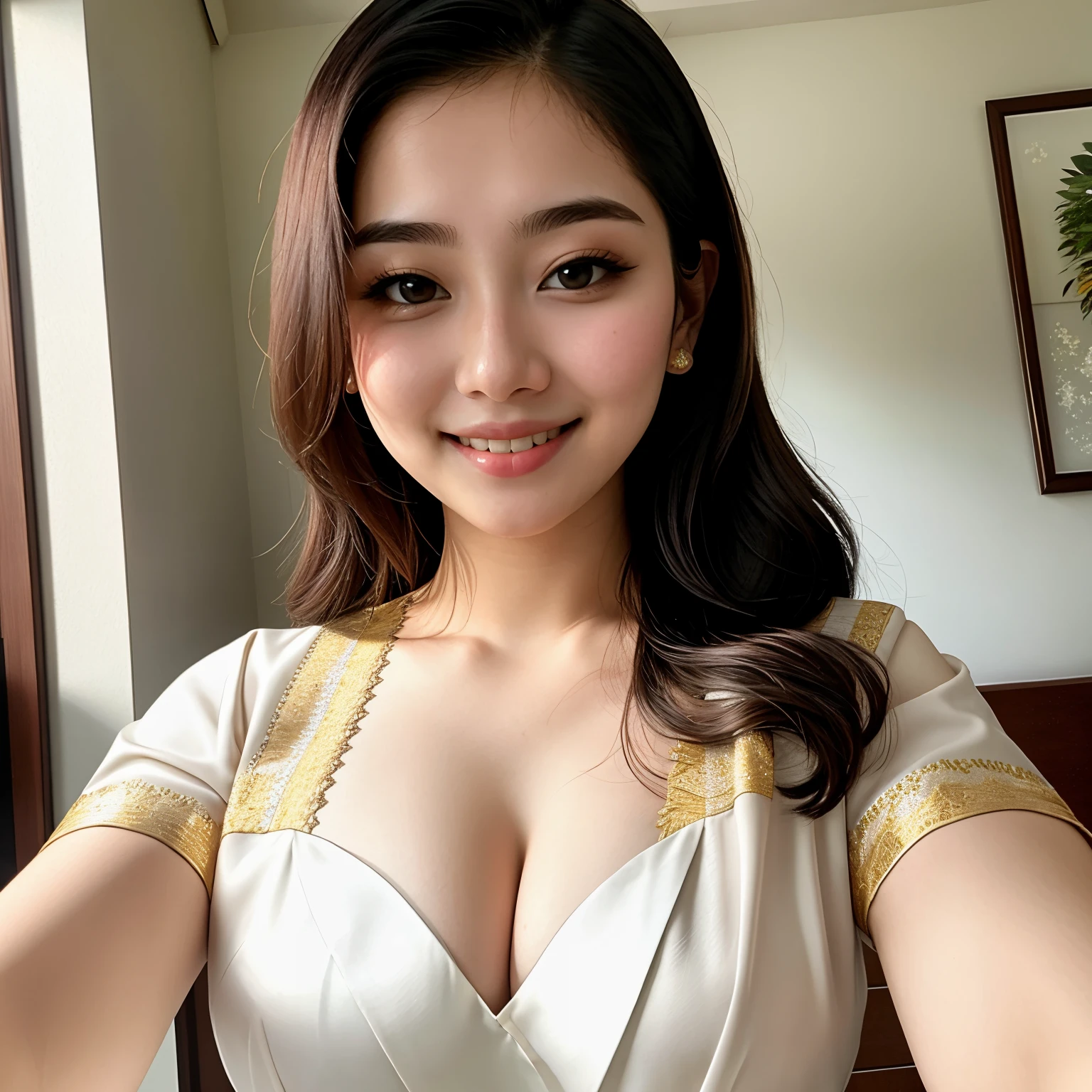instagram photo, closeup face photo of 23 y.o Chloe in kebaya, cleavage, pale skin, (smile:0.4), hard shadows, nurse outfit