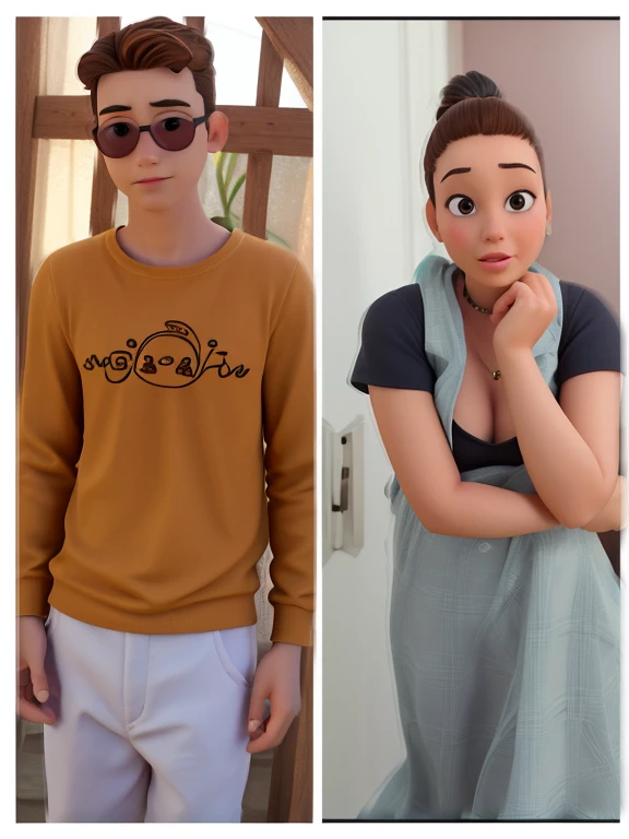 Criar uma traed da Disney com o casal da foto. Uma jovem mulher de cabelos grandes castanhos, e um jovem homem de oculos. Com um fundo verde cheio de arvores.