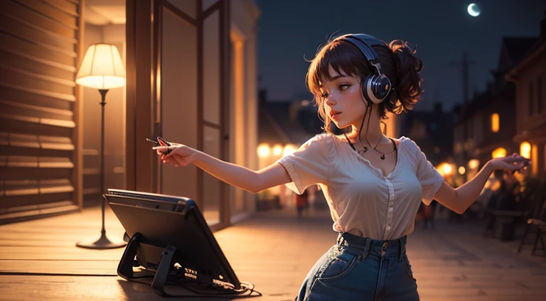 (((masterpiece))), (((best quality))), ((ultra-detailed)) ((moonlight light)) lofi girl watching the sun, the girl is listening to music, girl is dancing