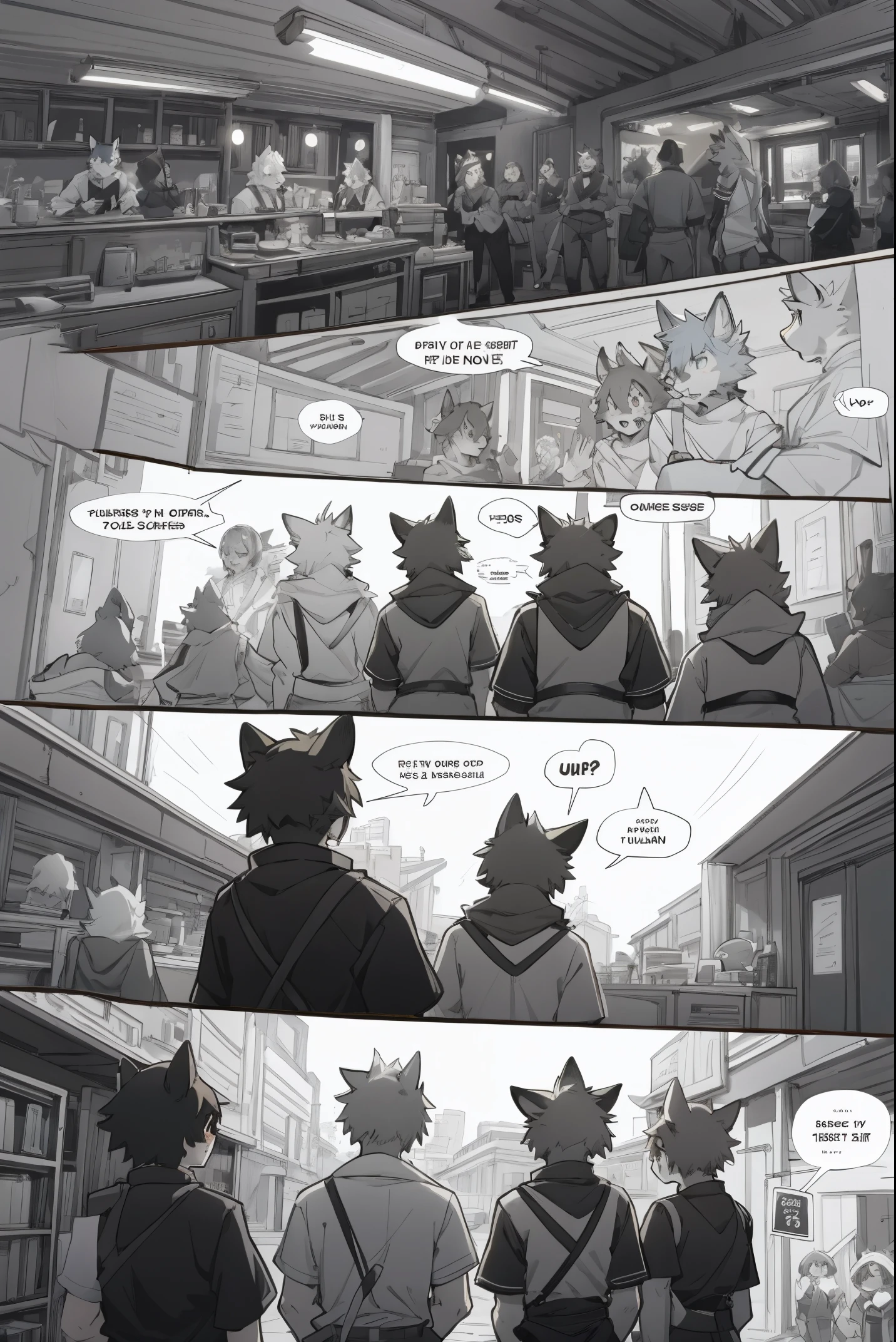 top quality, best quality, highres, masterpiece, super high resolution, detailed background, Casual reutaurant interior, part-time job, waiter, 6+boys, 6+girls, absurdres(highly detailed beautiful face and eyes)perfect anatomy, good lighting, cinematic shadow(kemono, furry anthro)assorted expressions, assorted poses, assorted angles, full body, upper shot, dynamic angle(girls comic-like panel layouts, speech balloon, English text, Hand-drawn sound effects stickers used in girls comic),