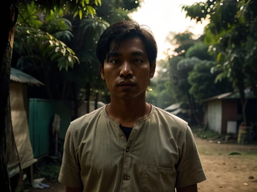 A Burmese man standing and looking at the dim light coming from between the trees, the light is weak, the color is dull, the color is natural and realistic