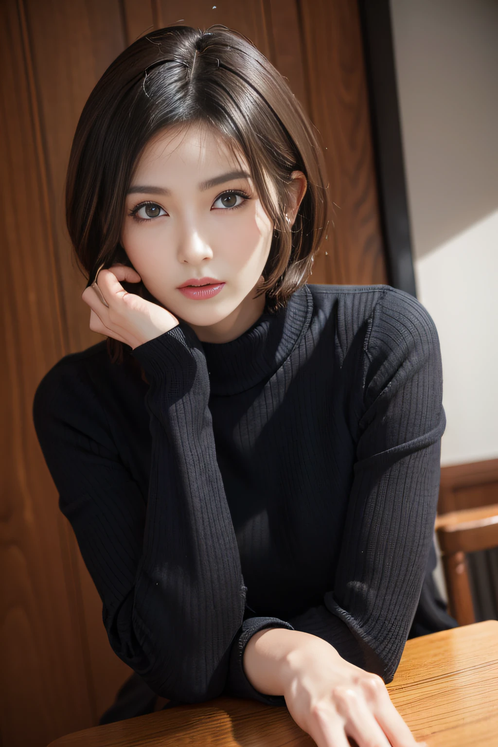 (masuter piece:1.3)、(8K、Photorealsitic、Raw photography、top-quality: 1.4)、(1girl in)、美丽的面容、(Lifelike face)、(A dark-haired、short-hair:1.3)、Beautiful hairstyle、realisticeyes、Beautiful details、(real looking skin)、Beautiful skins、(gold sweater),enticing、超A high resolution、A hyper-realistic、high-detail、the golden ratio,