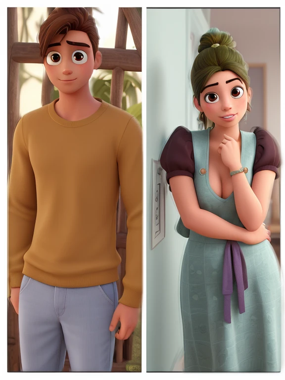 Criar uma traed da Disney com o casal da foto. Uma jovem mulher de cabelos grandes castanhos, e um jovem homem de oculos. Com um fundo verde cheio de arvores.