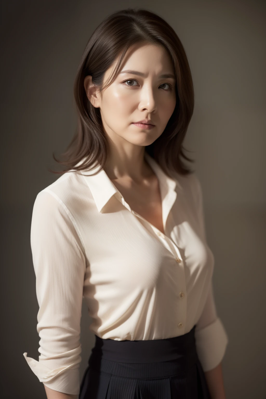 The ultra -The high-definition, masterpiece, Textured skin, ighly detailed, Photorealsitic, profetional lighting, depth of fields, greybackground, (japanese mature, sixty years old), Female sexy, Detailed face, beautidful eyes, bangss, small breasts of good shape, long light brown straight hair, Faint lips, ((Stand forward、Staring at the viewer, serious face eyes.)), Buttoned shirt, skirt by the, fully body photo, cowboy shot