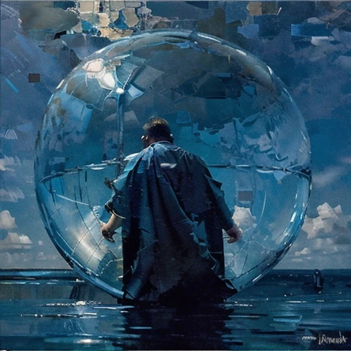 Oil painting style background with light blue sky and light blue water，There is a huge spherical glass dome floating on the water，Outside the glass cover, there is a man ten times smaller than the glass cover. He is standing on the water wearing a dark cloak. He is touching the glass cover with one hand and looking up to look inside.
