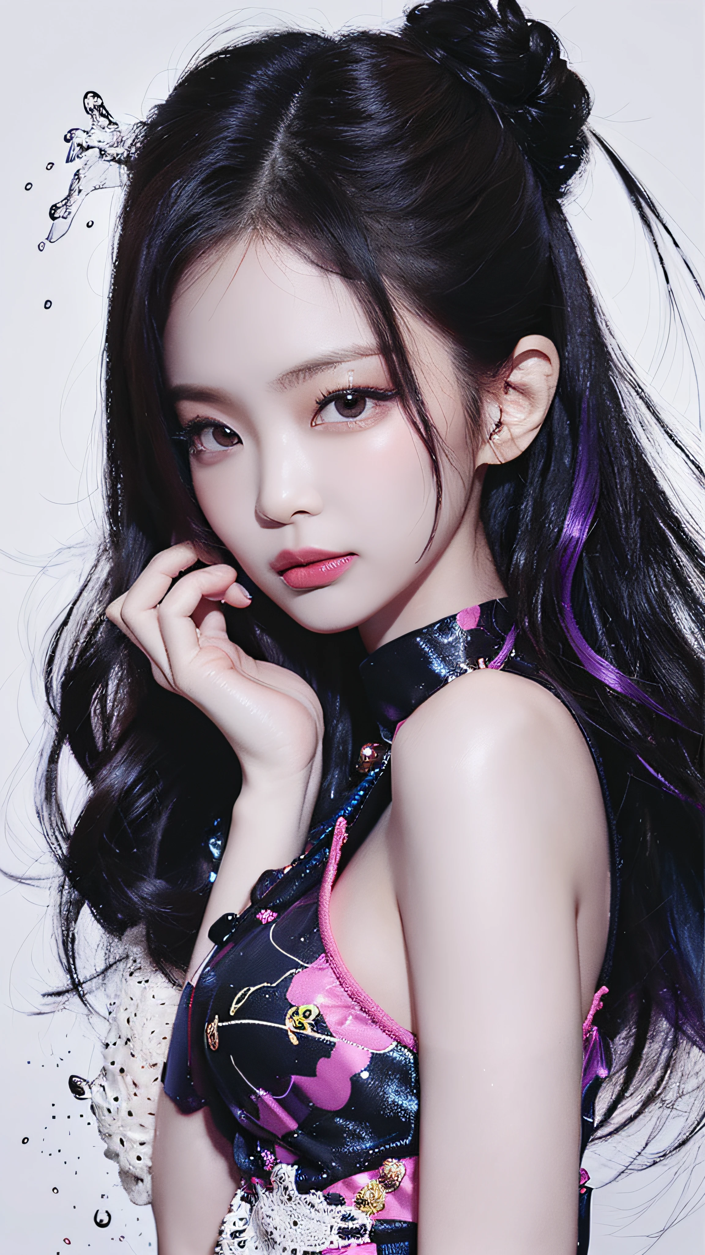 (Masterpiece, Best Quality, High Resolution), White Background, ((Paint Splash, Color Splash, Splash of Ink, Color Splash)), Sweet Chinese Girl, Rainbow Hair, Pink Lips, Front, Upper Body, Jennie Kim,