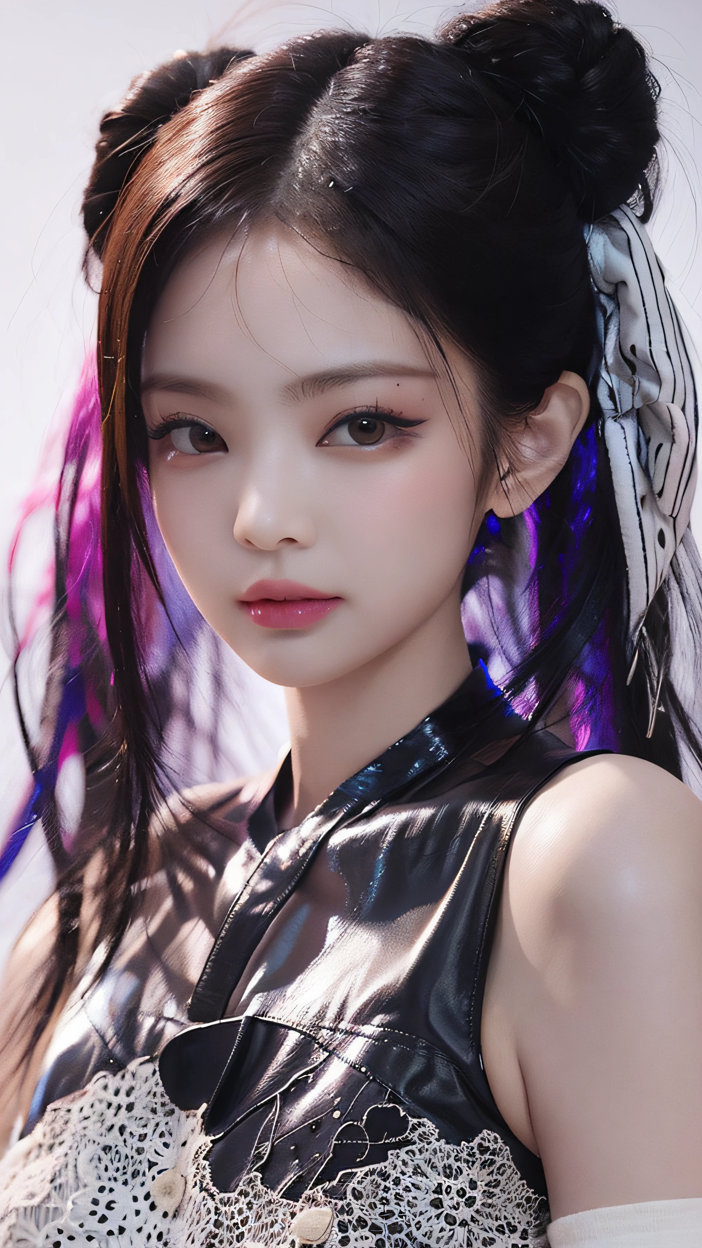 (Masterpiece, Best Quality, High Resolution), White Background, ((Paint Splash, Color Splash, Splash of Ink, Color Splash)), Sweet Chinese Girl, Rainbow Hair, Pink Lips, Front, Upper Body, Jennie Kim,