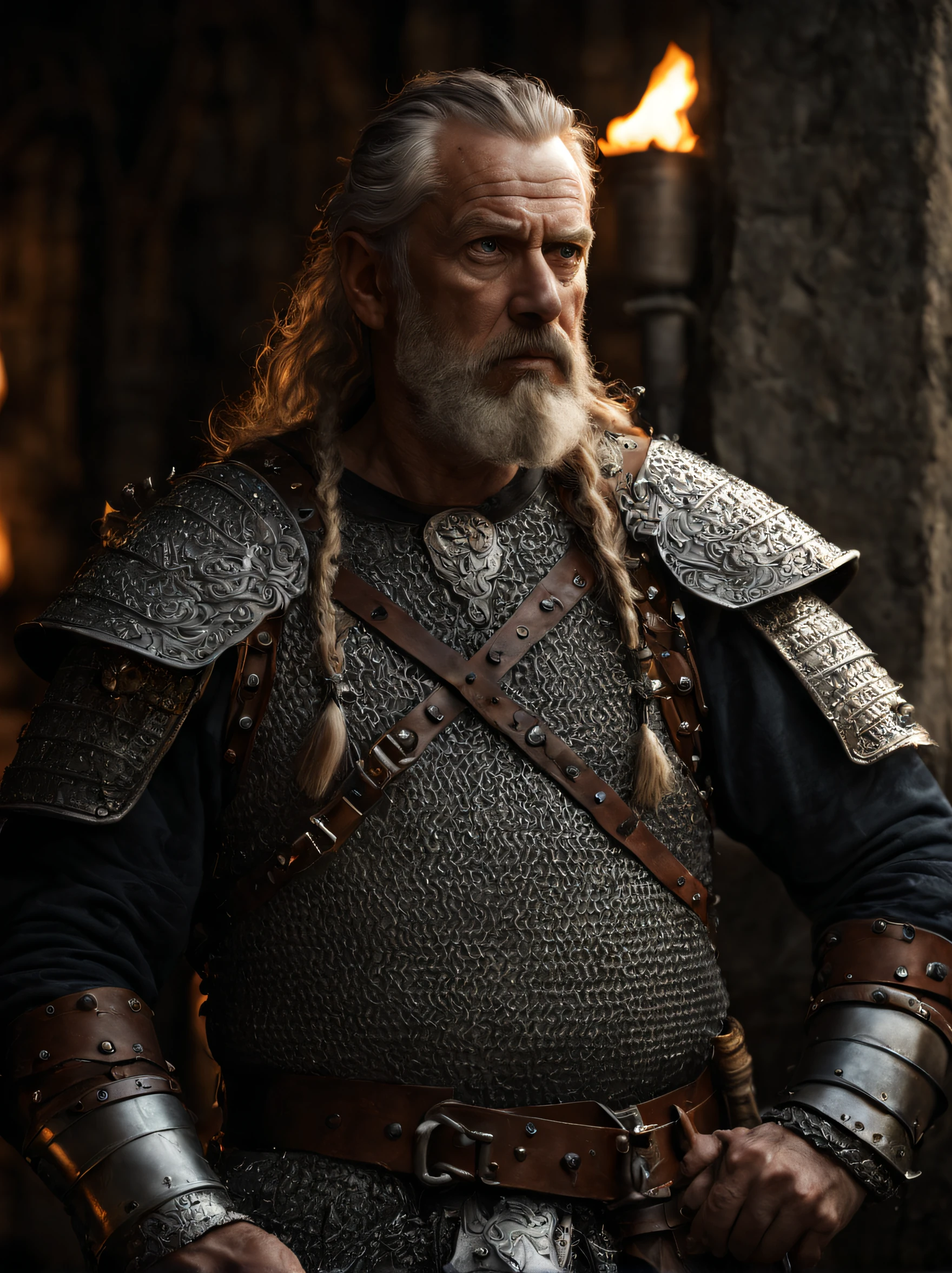 (highest quality:1.3), cinematic shot, masterpiece, (sharp focus:1.5), (photorealistic:1.3), medium portrait of (a weary-looking but still proud and fierce-looking old viking warrior, now the leader of his village, dressed in elaborately detailed chain mail and leather armour, a few torches burn on the walls, giving the scene a dark atmosphere but sculpting the forms in sharp chiaroscuro), it is night time, (highly detailed skin), (detailed face), detailed background, dark lighting
