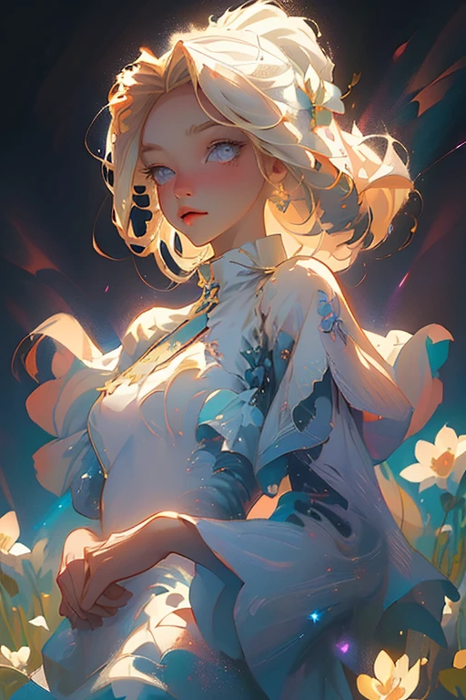 (best quality, masterpiece), 1girl, pose, particle, wind, flower, upper body, simple background, looking at viewer, blonde, galaxy,