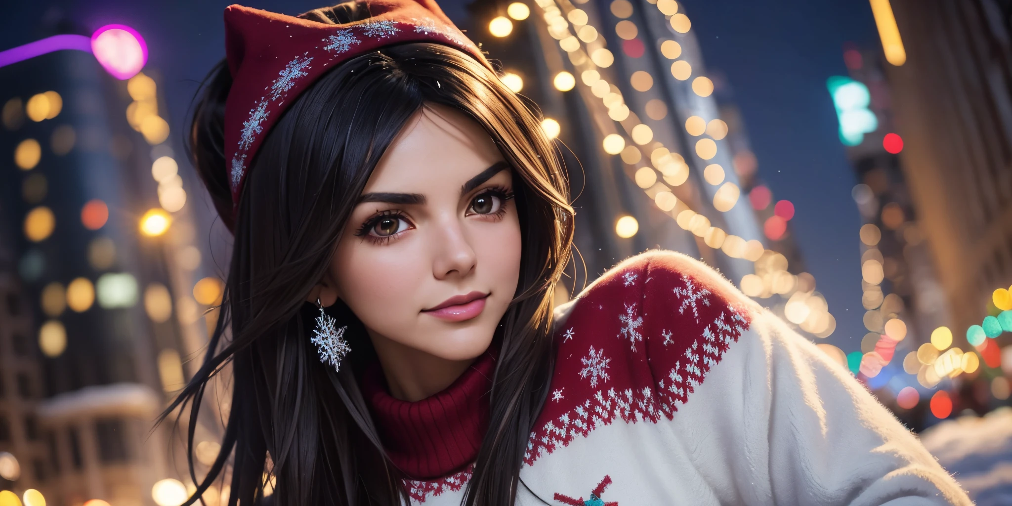 (best quality, masterpiece, perfect face, beautiful and aesthetic:1.2, colorful, dynamic angle, highest detailed face) cowboy shot, anime:1.2, solo,
1girl ((Victoria Justice)) wearing a sexy christmas sweater in a snowy night in the city, christmas decoration,