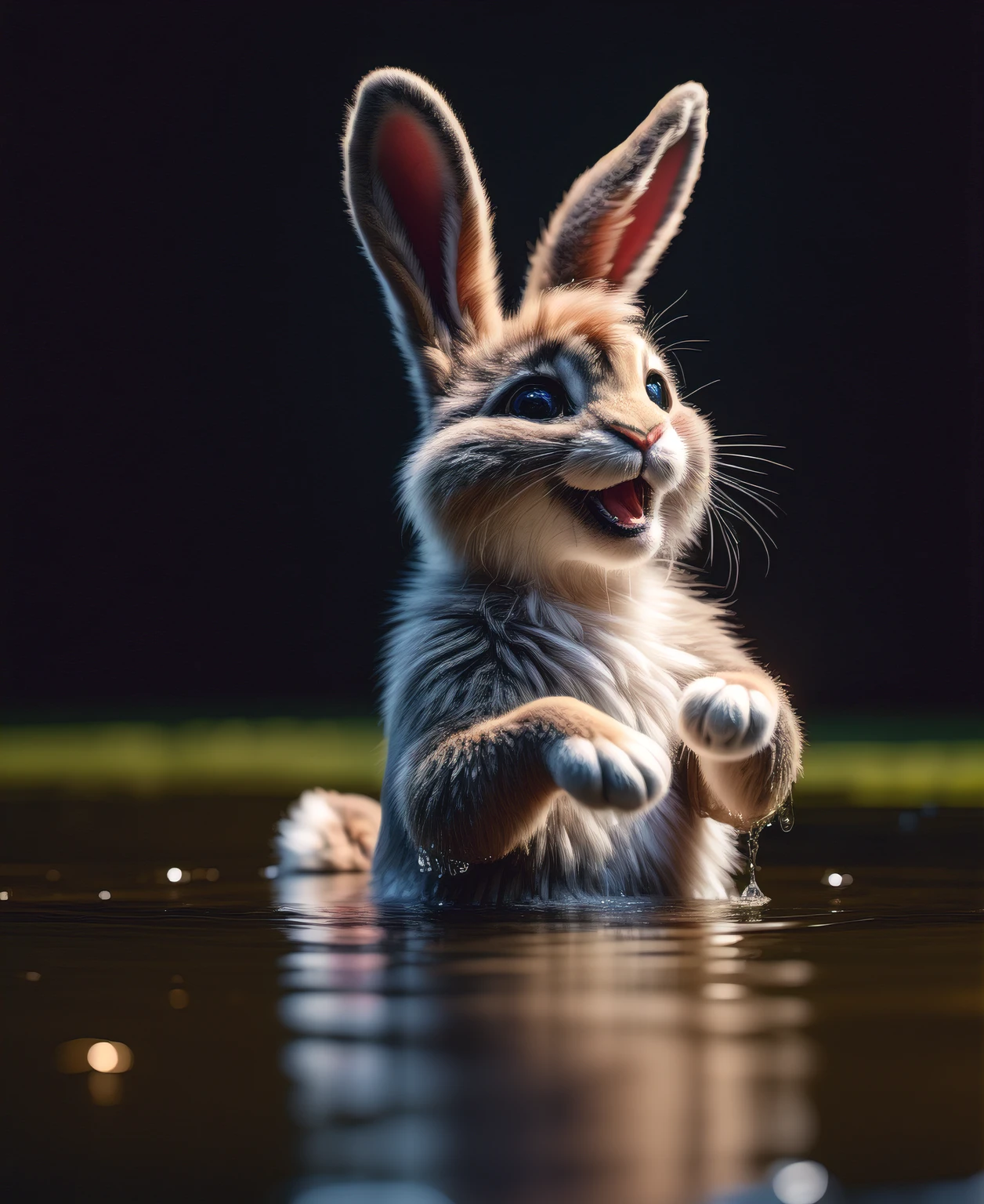 (best quality,4k,8k,highres,masterpiece:1.2),ultra-detailed,(realistic,photorealistic,photo-realistic:1.37),cute happy bunny, rabbit  ,soft fur,lively eyes,playful water droplets,fuzzy, tremendously fluffy,shiny wet fur,enjoying the water, adorable expression,vibrant colors, whiskers twitching, sparkling eyes,wet nose,